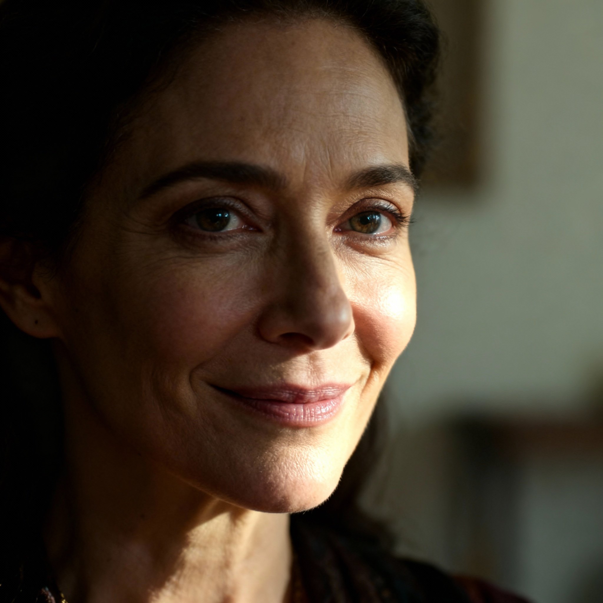 A close-up portrait of a female psychic in her late 30s. She has warm, empathetic eyes and a gentle, knowing smile, projecting the image of a trusted confidante.