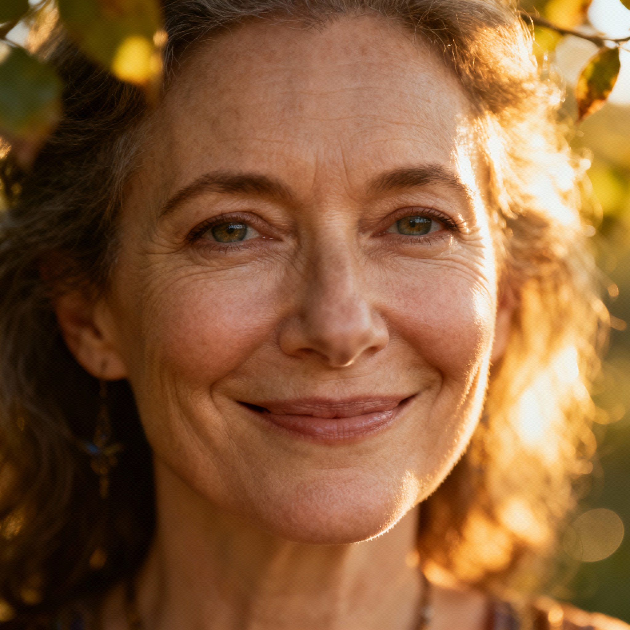 A close-up portrait of a compassionate, middle-aged female psychic with a gentle smile and wise eyes, set against a soft, glowing background, evoking trust and mysticism.