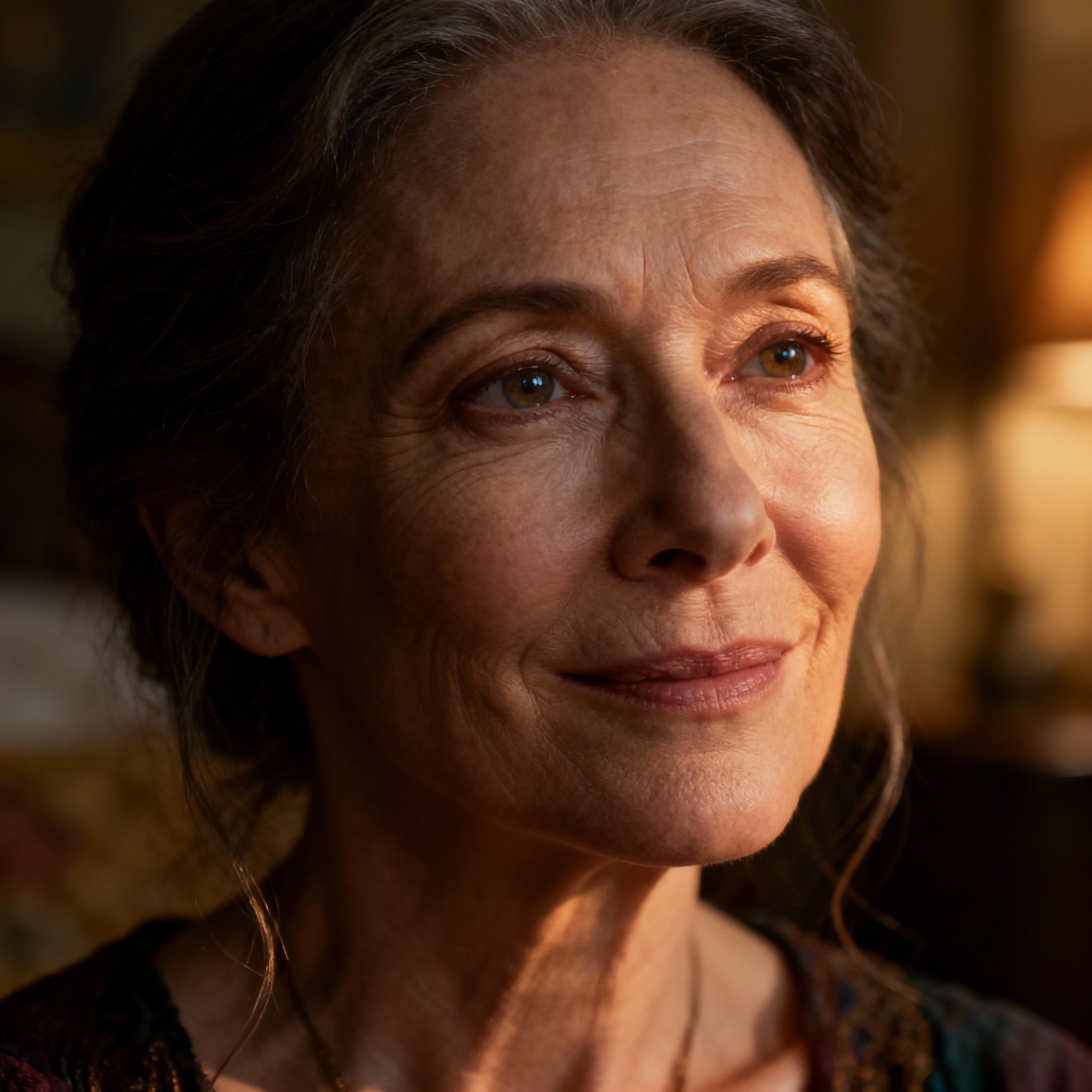 A close-up portrait of Kristine, a wise and compassionate female psychic. Her gaze is warm yet firm, with soft background lighting that creates an atmosphere of reliability and comfort.