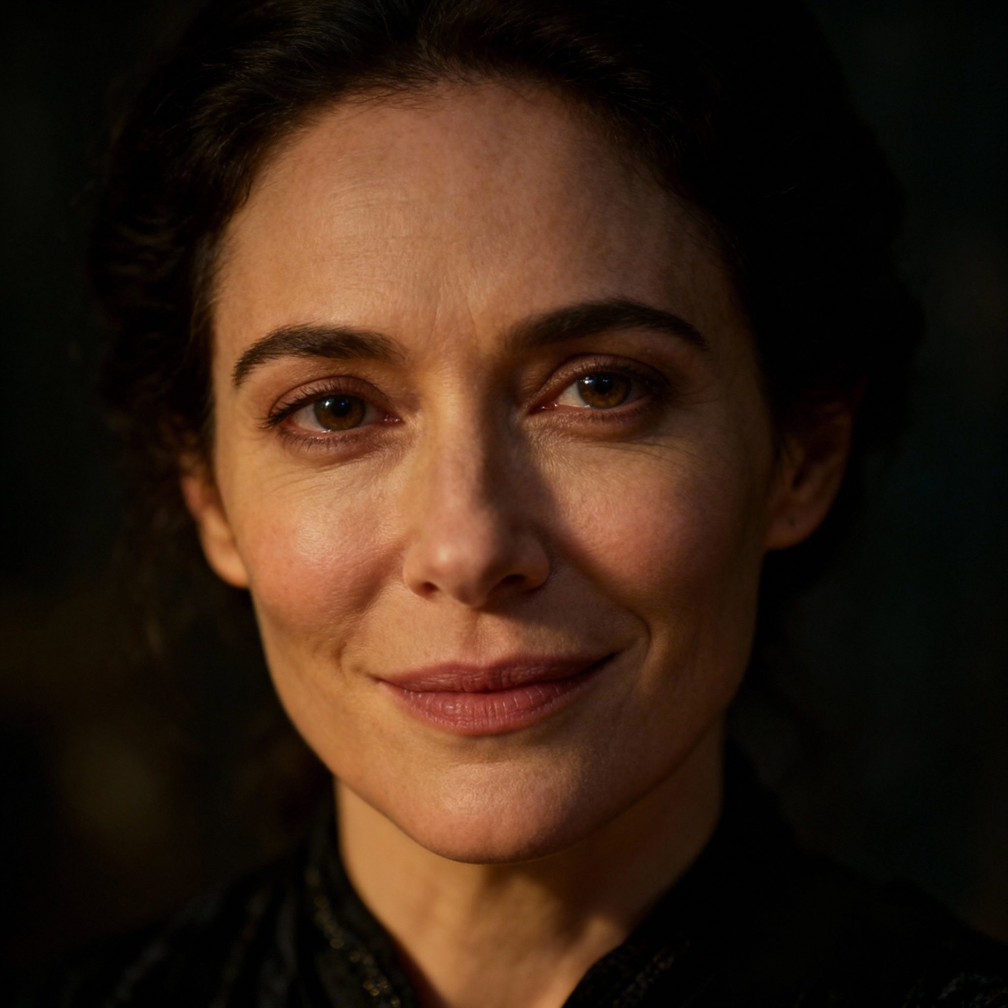 A close-up portrait of a modern female psychic, her gaze is warm and wise against a soft background, conveying a sense of professionalism, trustworthiness, and empathy.