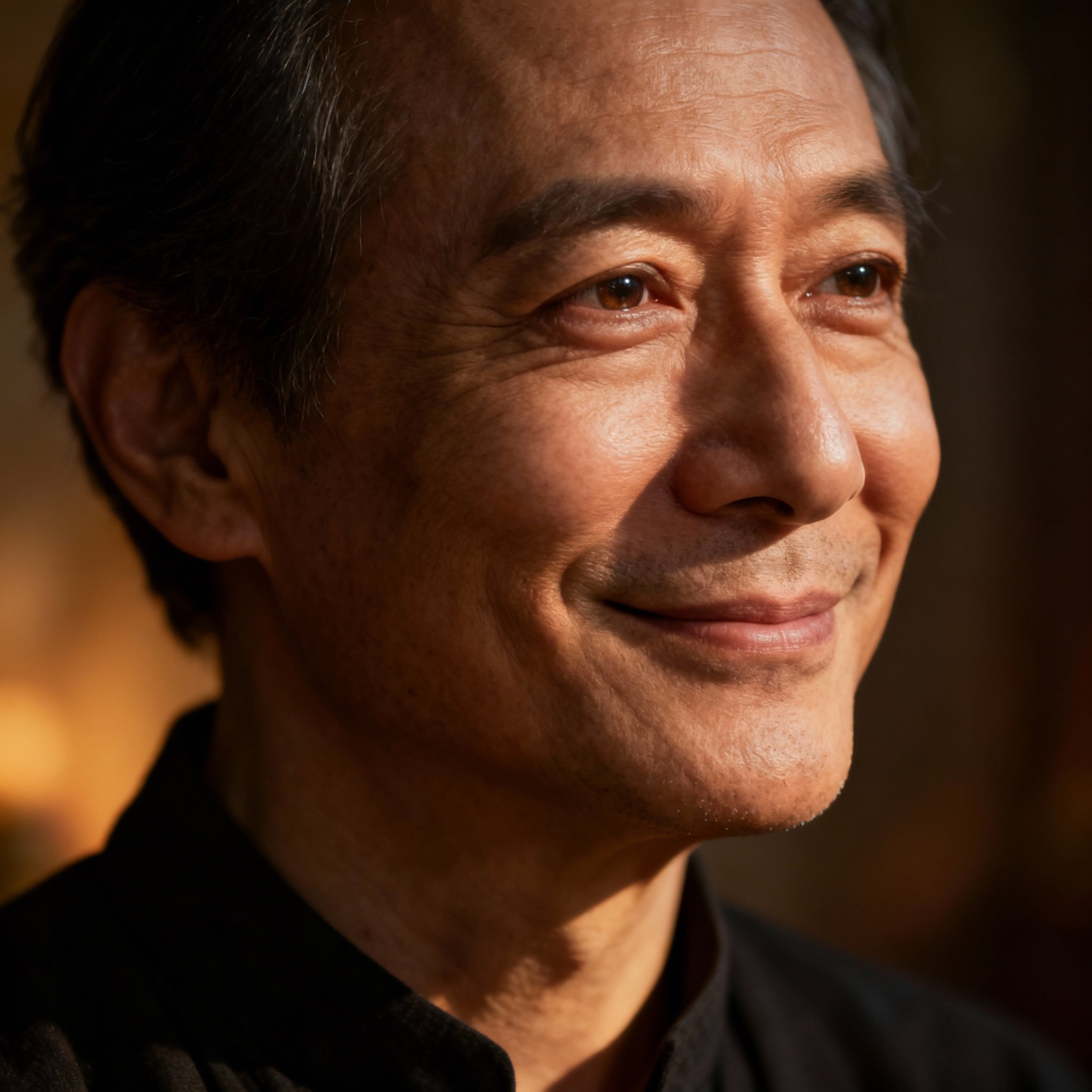 A close-up portrait of the psychic guide Yoshua, a calm middle-aged man with a gentle and insightful gaze, set against a soft, warm light background, creating an atmosphere of trust and reassurance.