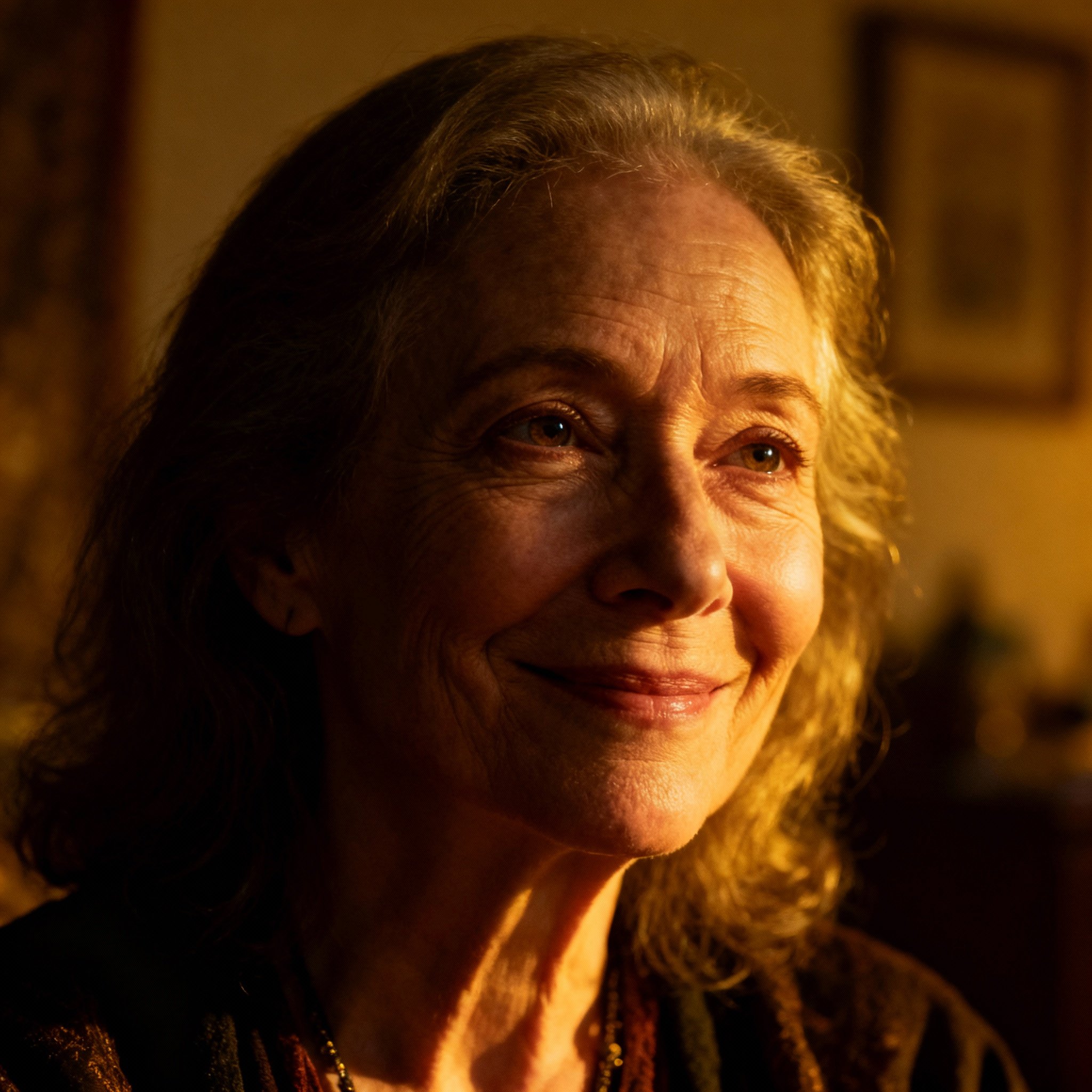 A close-up portrait of a wise and compassionate middle-aged female psychic, Robynne, with warm eyes and a soft background, creating a sense of trust and approachability.