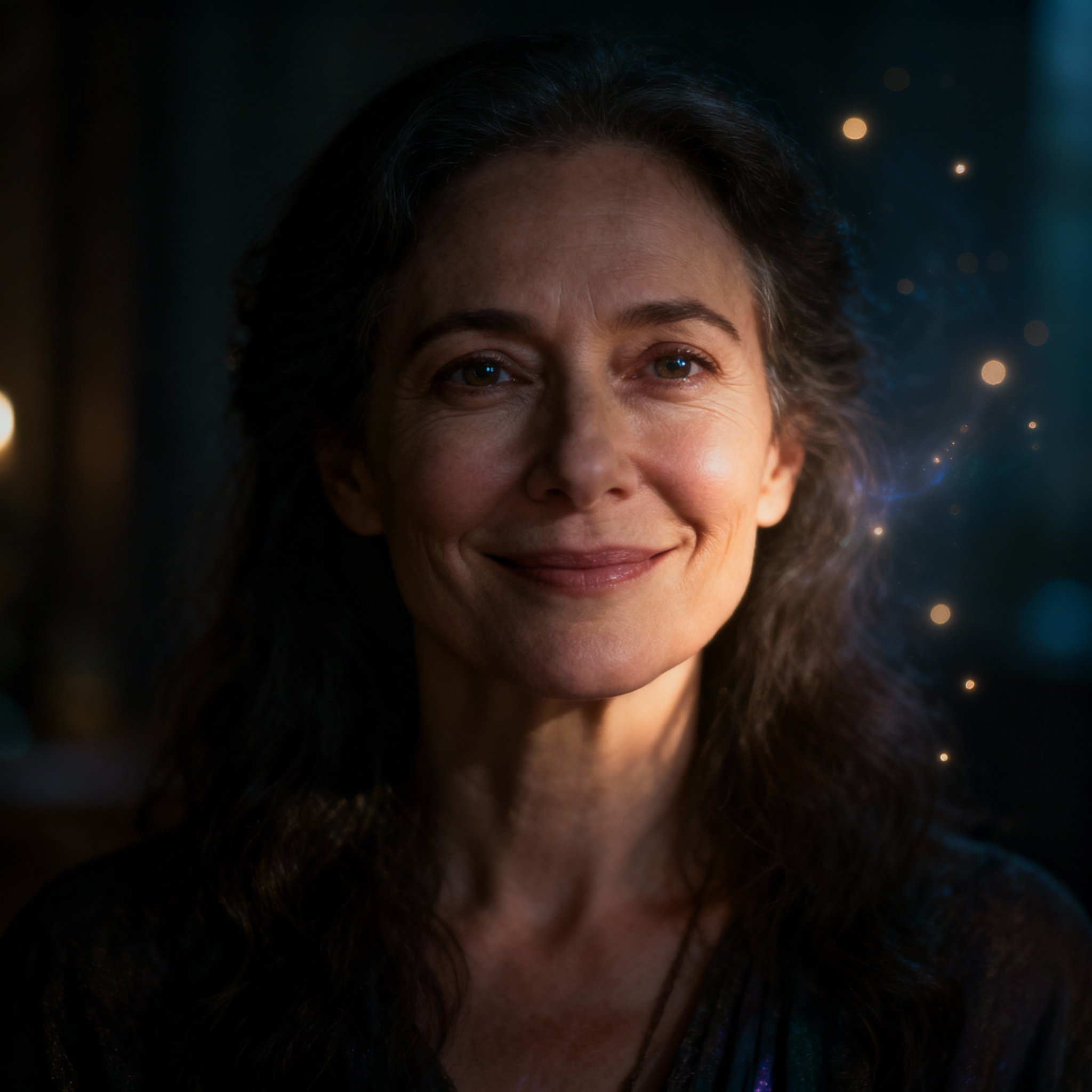 A close-up portrait of a wise and compassionate female psychic, looking gently into the camera with soft, ethereal lighting in the background, creating an atmosphere of trust and peace.