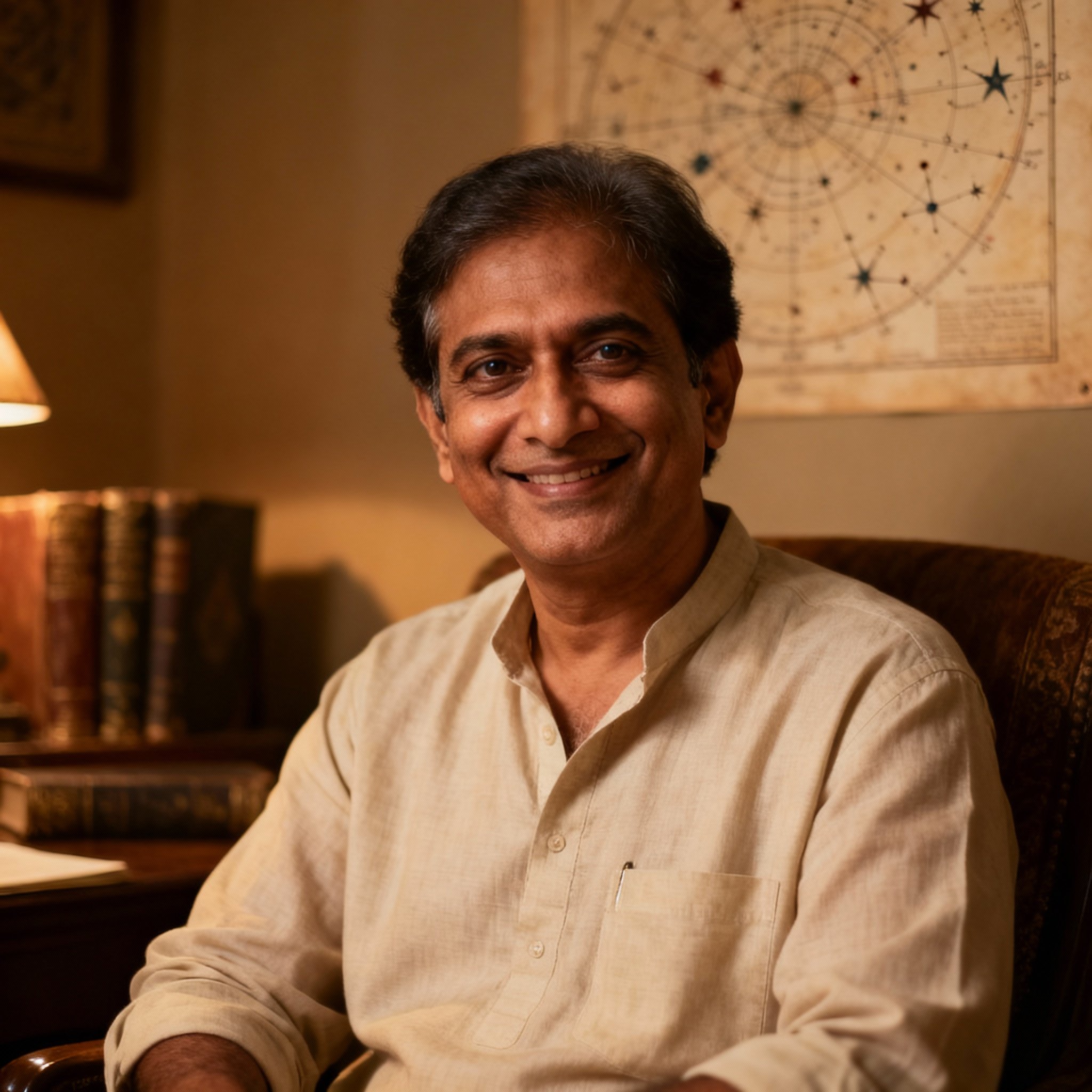A close-up portrait of AstroguruIndian, a wise and compassionate Indian astrologer in a warm study, smiling with kind eyes.