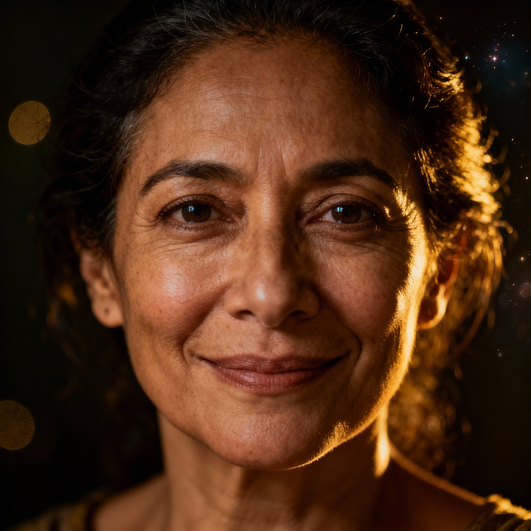 A close-up portrait of a compassionate and wise female psychic advisor, her warm gaze conveying a sense of trust.