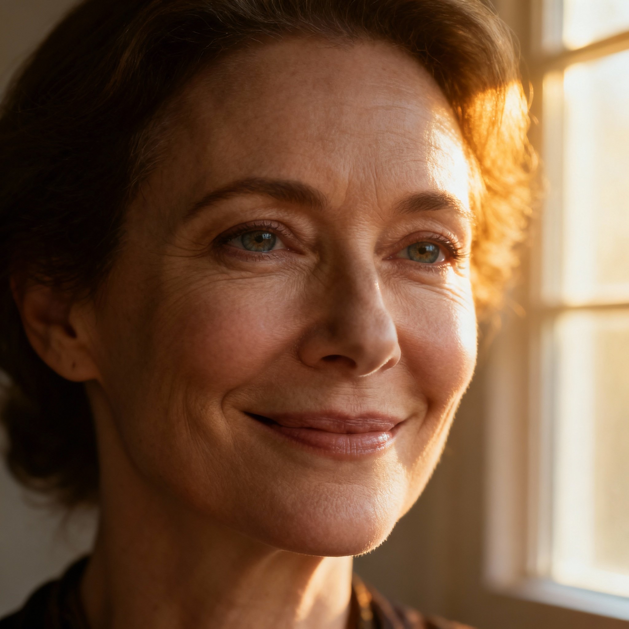 A close-up portrait of a psychic medium named SpiritSense Susan. She has a gentle, empathetic smile, with soft, bright natural light in the background, creating a sense of calm and trustworthiness.
