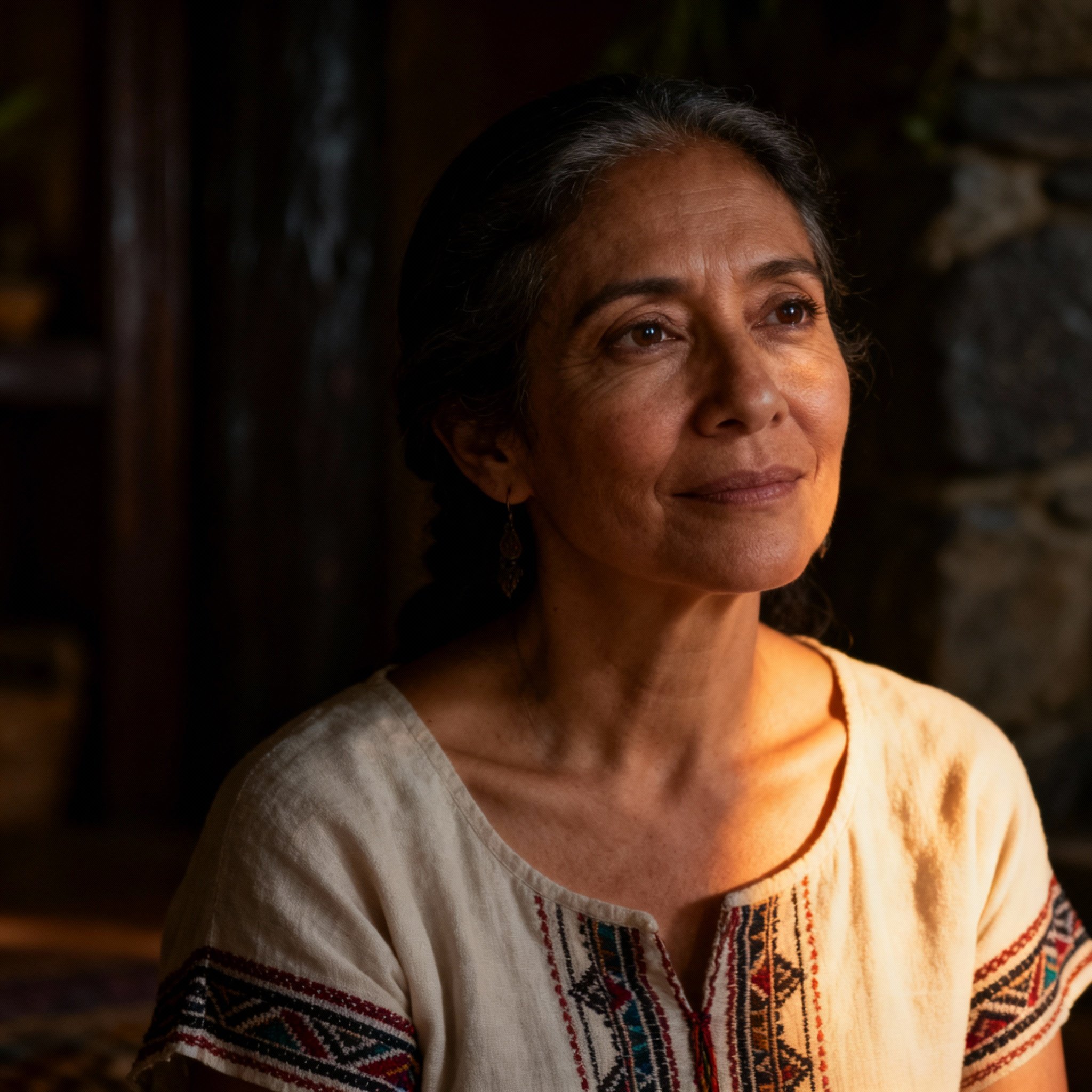 A portrait of a wise and compassionate female psychic. Her warm gaze inspires trust, with subtle natural elements in the background symbolizing ancient healing wisdom.