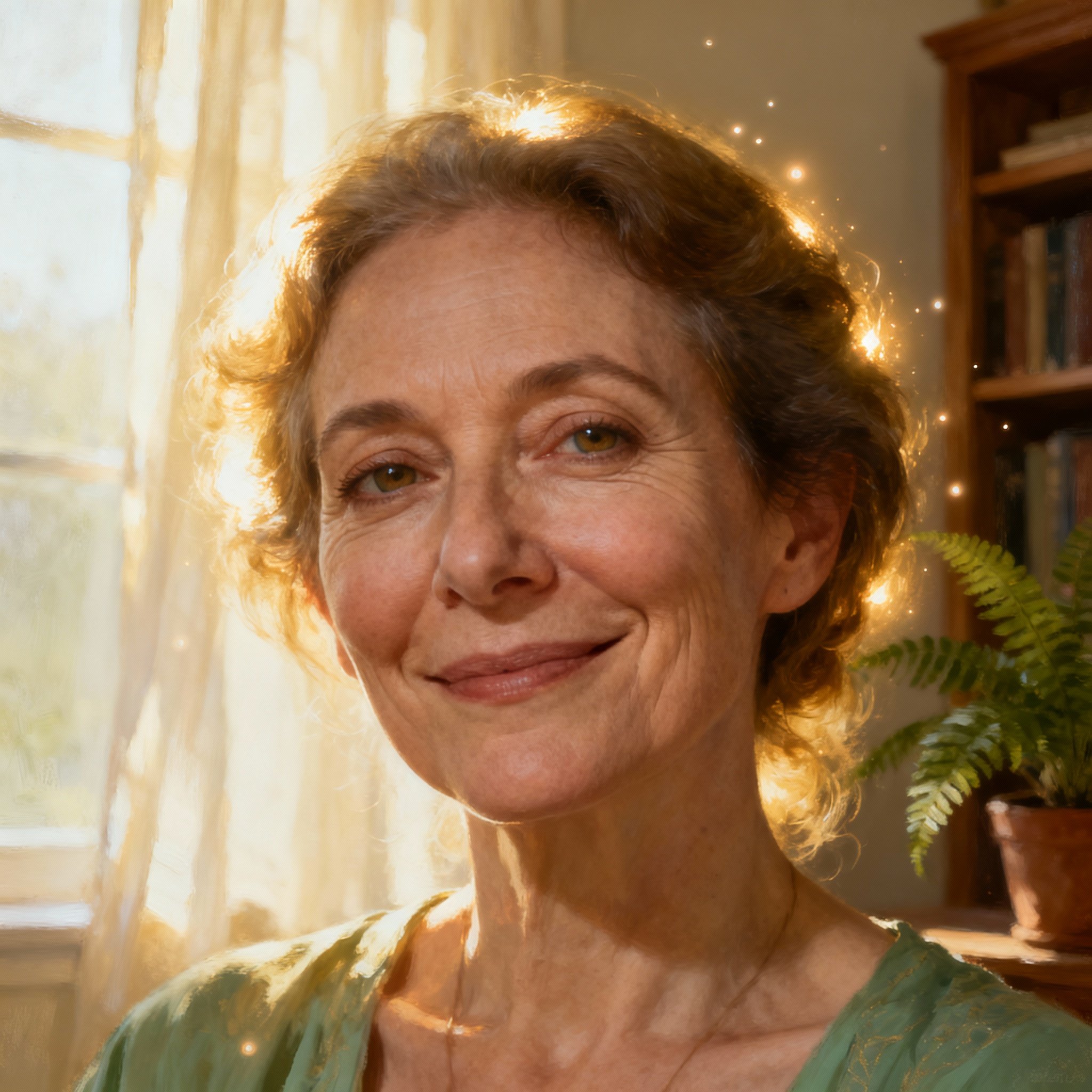 A close-up portrait of psychic Lottie Spiritheart, a middle-aged woman with a warm, wise smile and empathetic eyes, projecting a sense of trustworthiness and approachability.