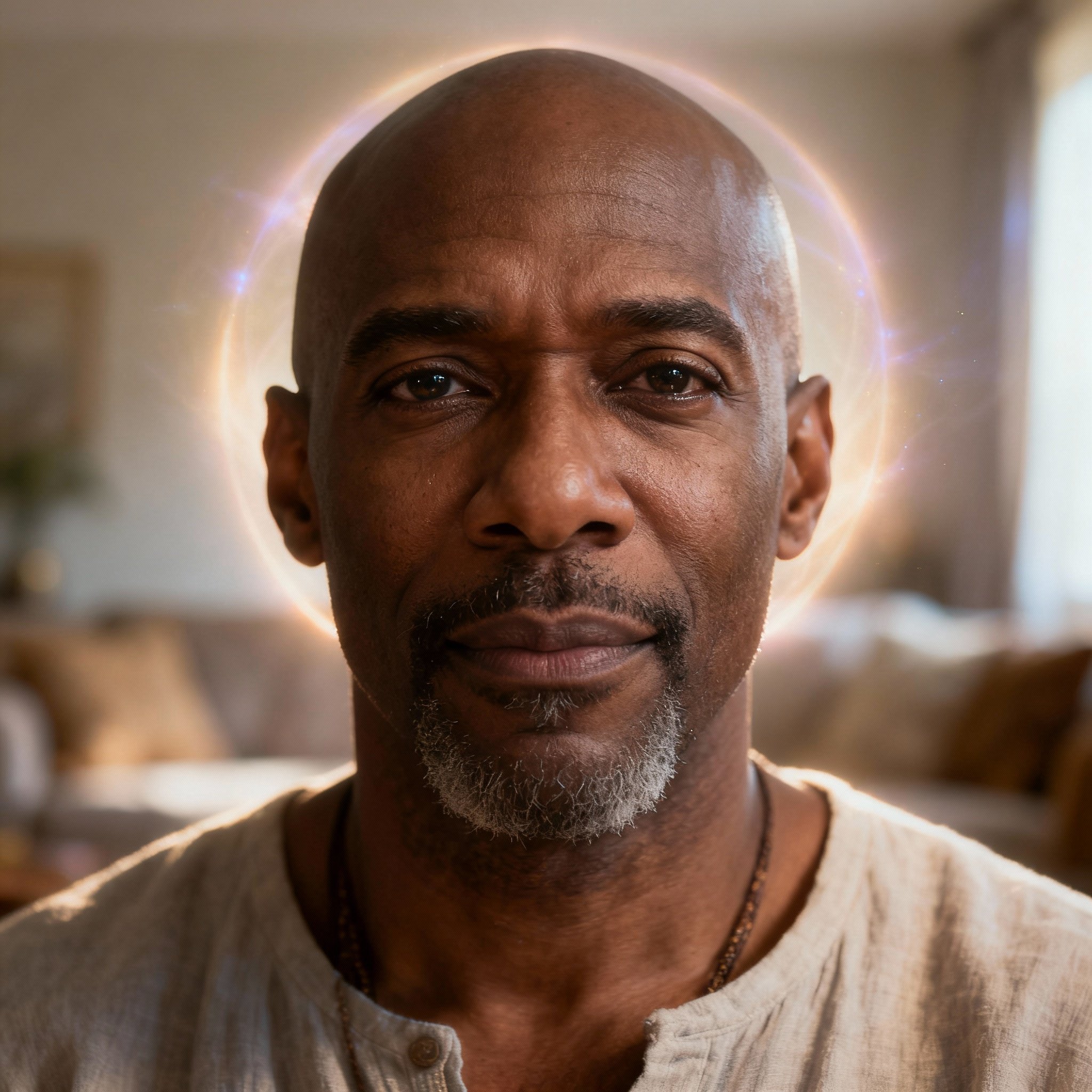 A close-up portrait of a compassionate and wise male psychic, Derrick Joseph, with a warm gaze and a soft background, creating a sense of trust.