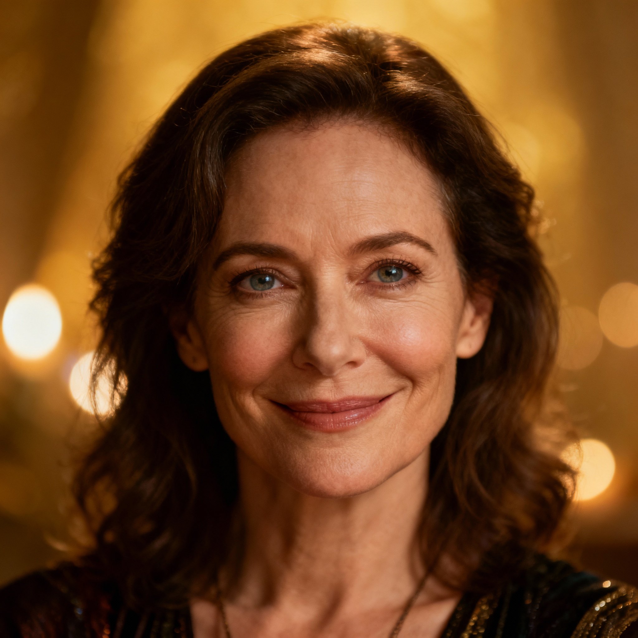 A close-up portrait of Helki, a wise and compassionate female psychic. She has a gentle gaze and a kind smile, with soft lighting in the background, creating a professional and trustworthy atmosphere.