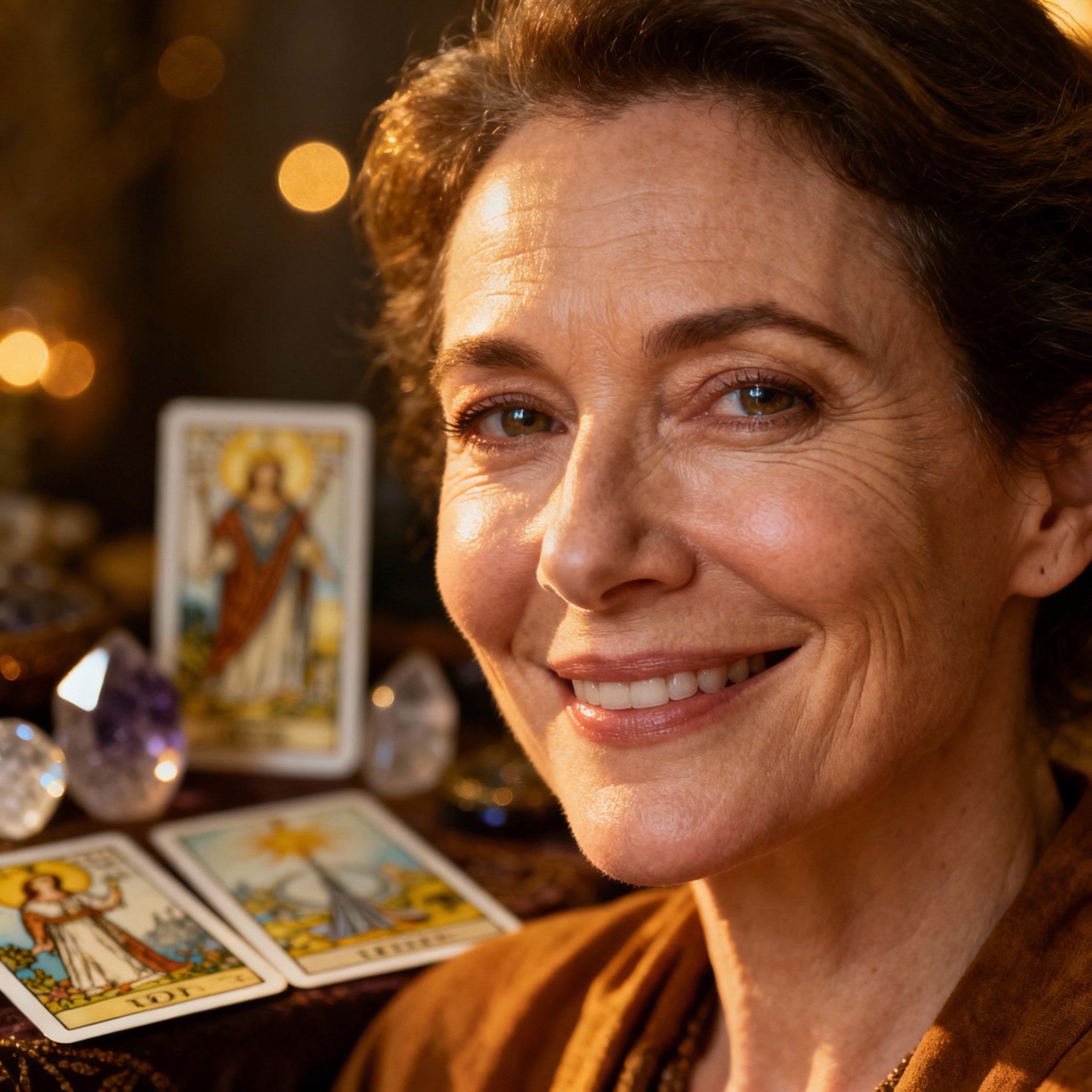 A close-up portrait of a middle-aged female psychic with a direct, confident gaze. Tarot cards are softly blurred in the background, creating a professional and trustworthy atmosphere.