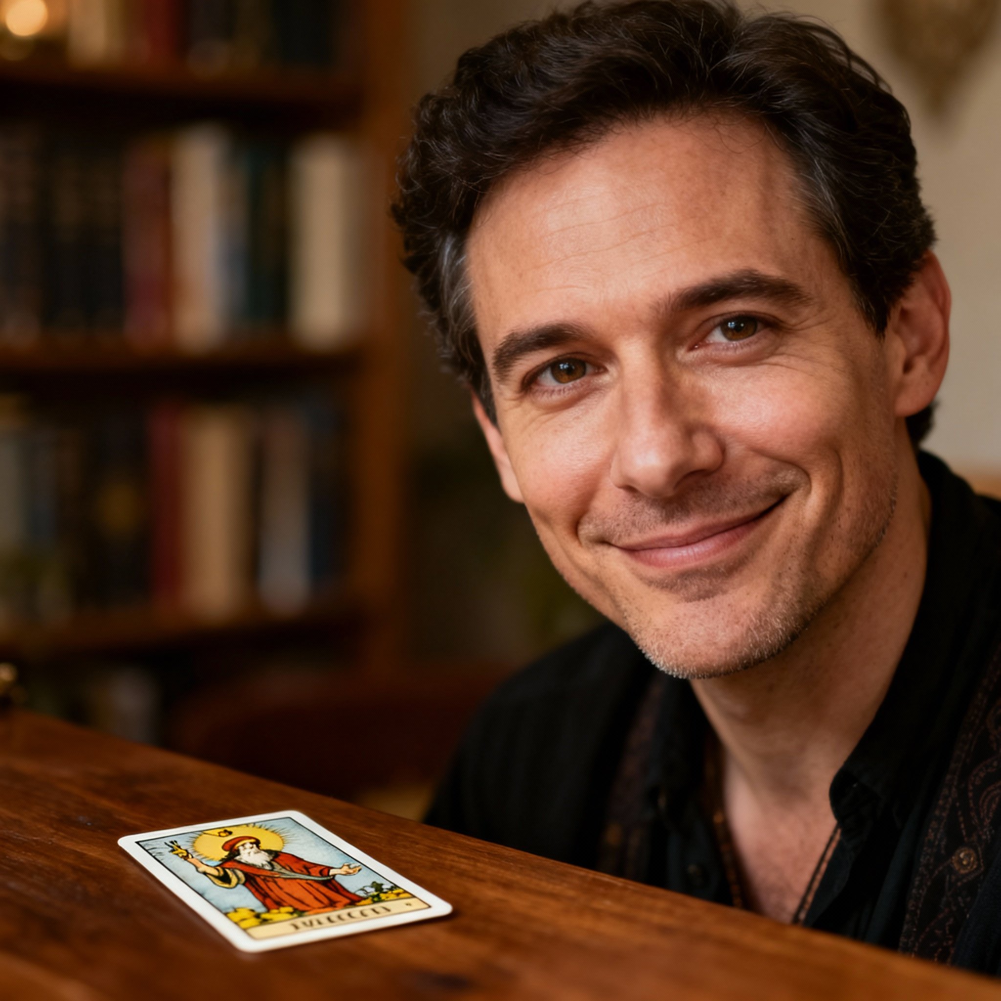 A close-up portrait of a male psychic named Mike. He has a friendly smile and his eyes convey wisdom and compassion, set against a warm, soft background, giving an impression of reliability and professionalism.