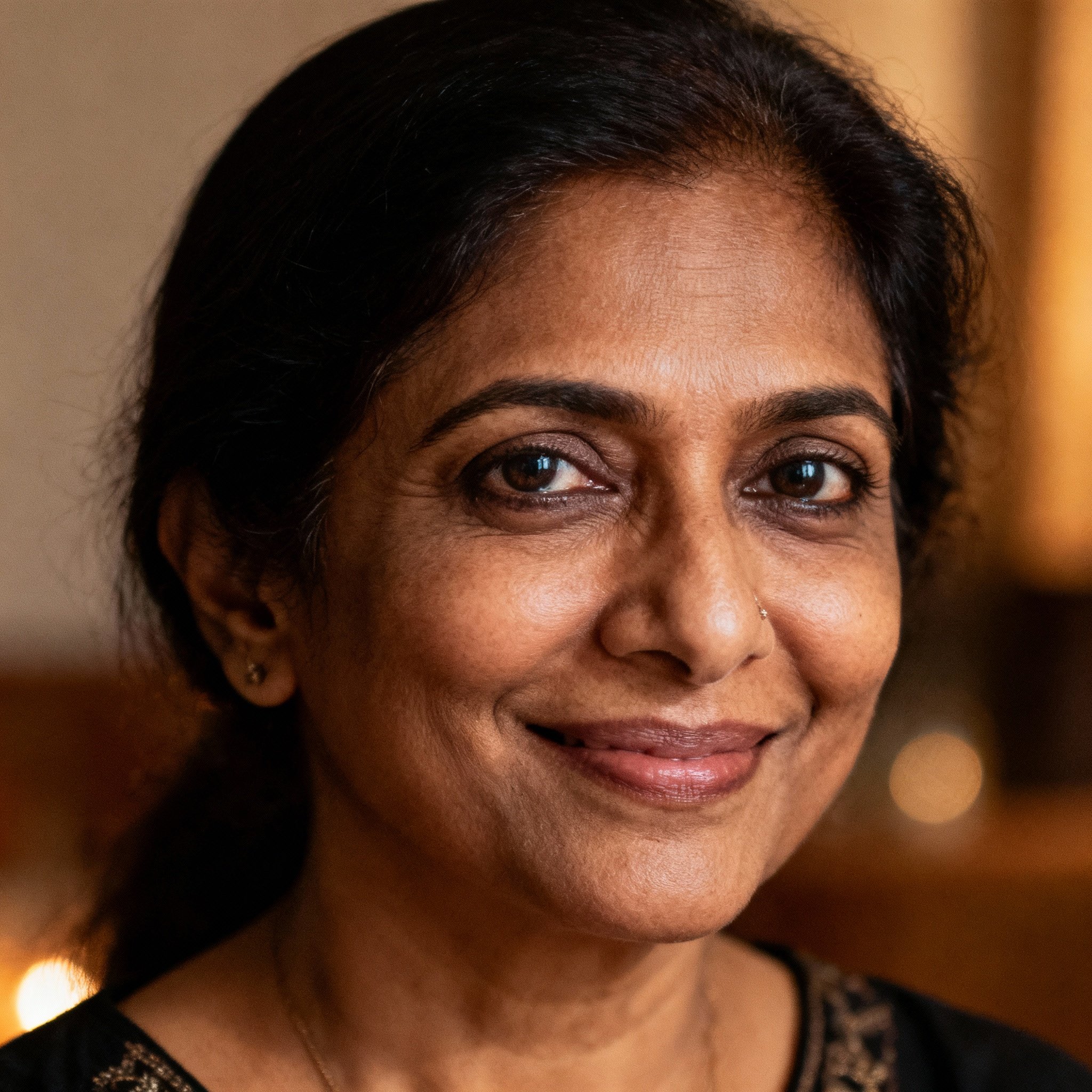 A close-up portrait of a middle-aged Indian female psychic advisor named Greeshu. She has a kind, knowing smile and empathetic eyes, projecting a sense of warmth and trustworthiness.