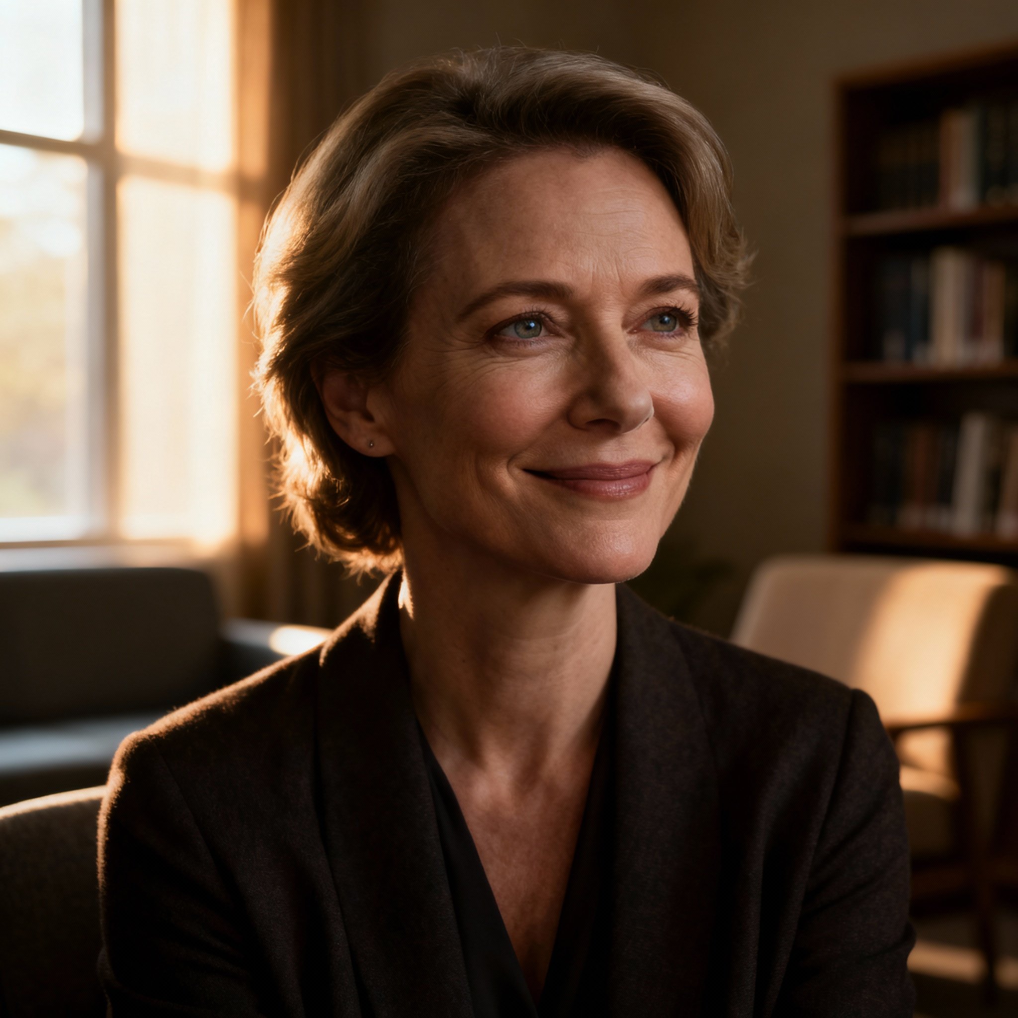A close-up portrait of a wise and empathetic middle-aged female psychic advisor. She has a gentle smile and understanding eyes, with a warm background creating a sense of safety and trust.