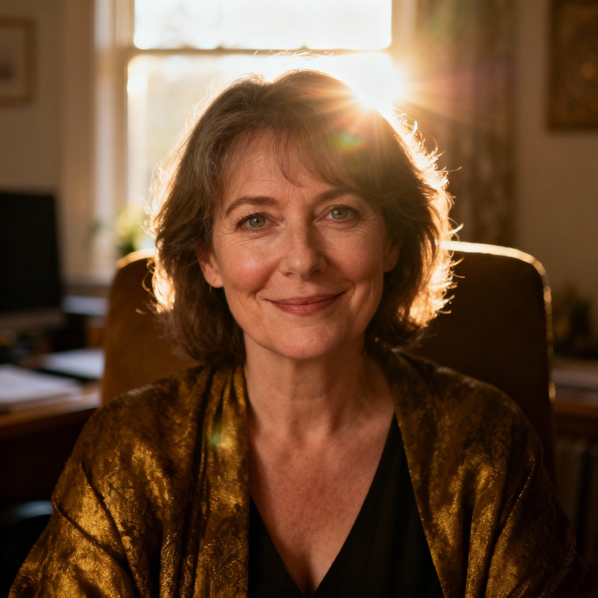 A wise and compassionate middle-aged female psychic counsellor with a warm, trustworthy smile and kind eyes, set against the soft, bright background of her office.