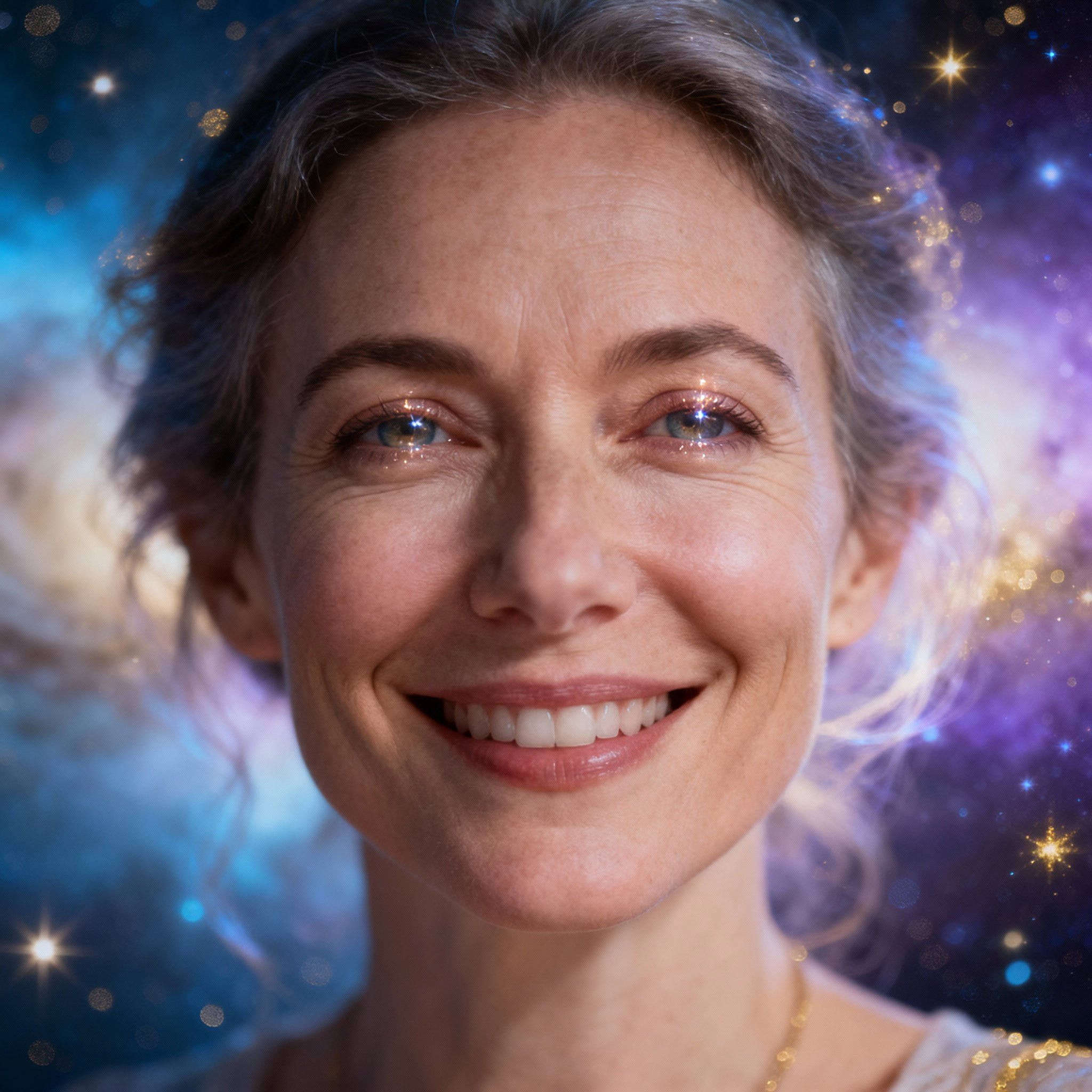 A close-up portrait of a female psychic named Starseed Em. She has a warm, sincere smile, and her eyes are full of wisdom and compassion. The background is a soft cosmic nebula, with gentle light illuminating her face, creating a trustworthy and spiritual atmosphere.