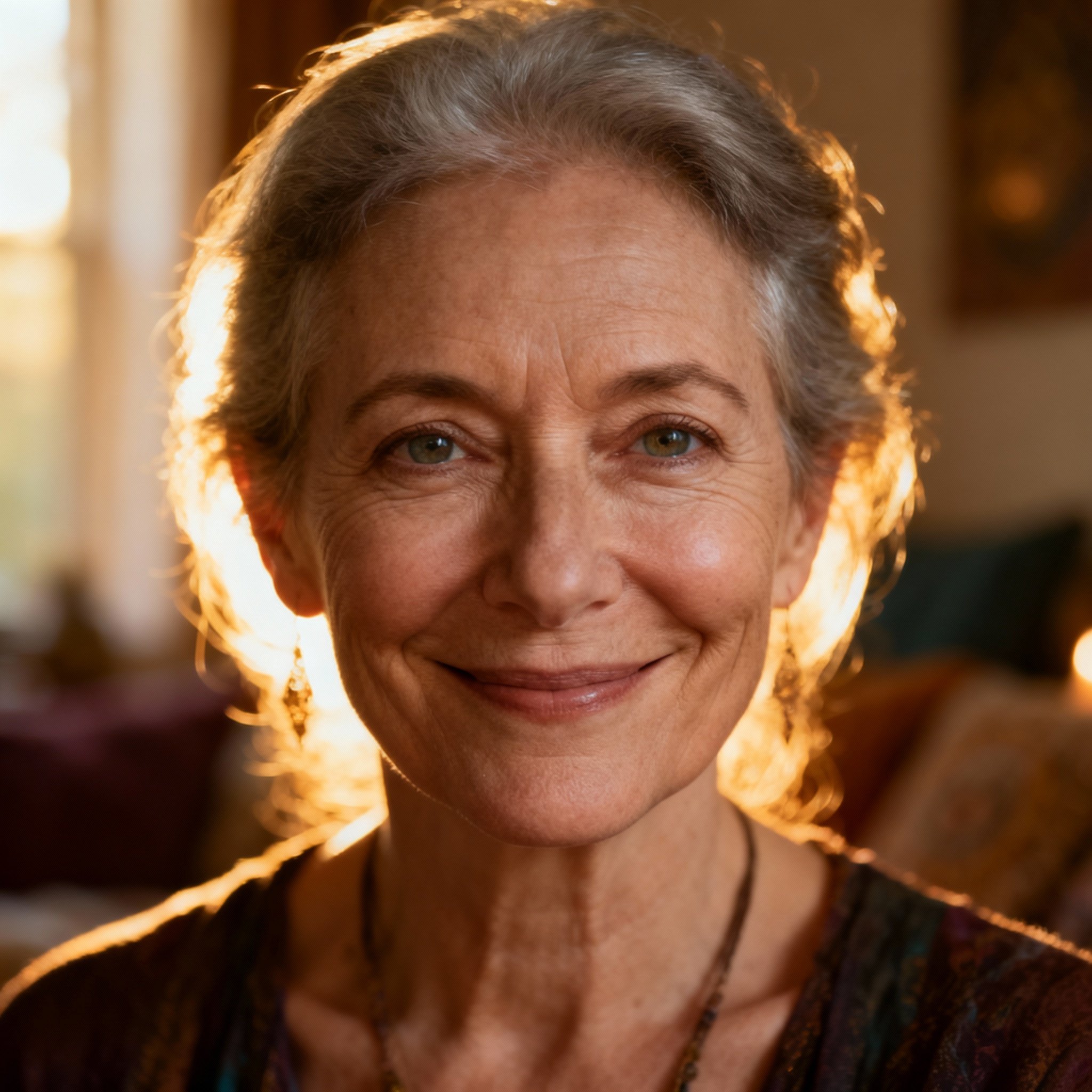 A close-up portrait of an experienced, middle-aged female psychic with a warm smile. Her eyes convey wisdom and compassion, set against a soft-focus background with warm lighting, creating a trustworthy atmosphere.