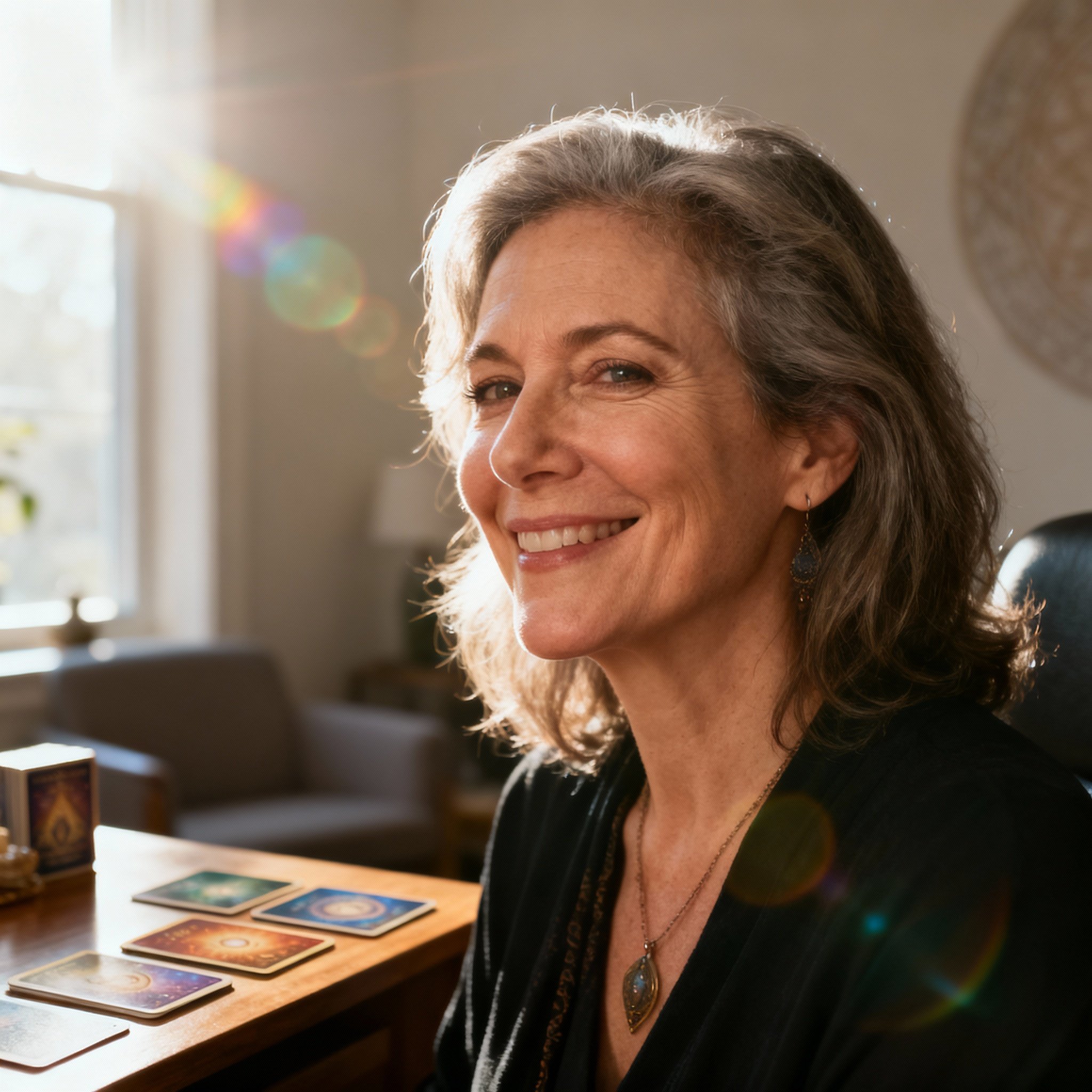 A close-up portrait of a wise and compassionate female psychic advisor, Dr. Lisa. She has a warm, knowing smile, and her serene consultation room with soft lighting creates an atmosphere of trust.