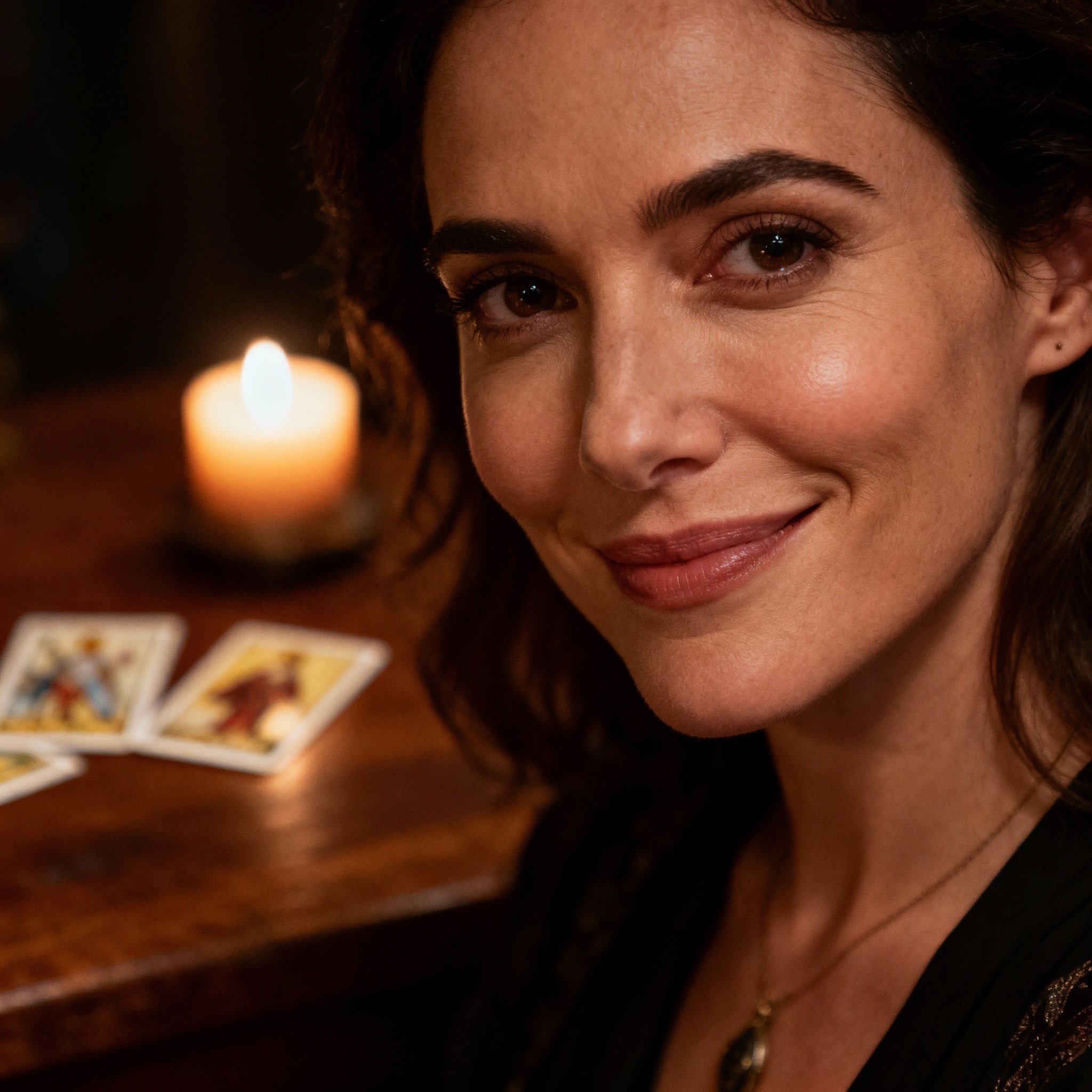 A close-up portrait of a female psychic in her 30s with a warm, wise smile and compassionate eyes, looking directly at the camera. Soft candlelight illuminates her face, with tarot cards and crystals subtly blurred in the background, creating an atmosphere of intimacy and trust.
