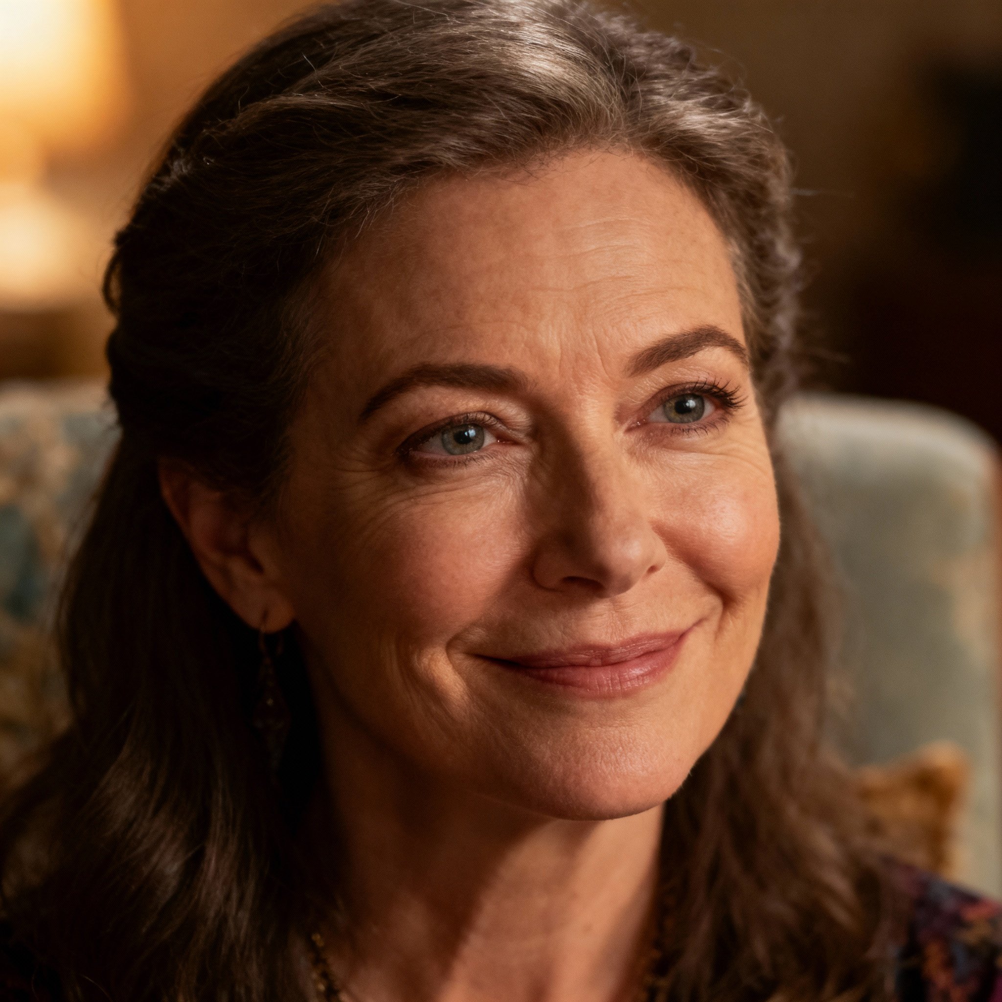 A close-up portrait of Psychic Sarah, a wise and compassionate middle-aged female psychic. She has a warm gaze and a gentle smile, with a soft background, creating a strong sense of trust and reassurance.