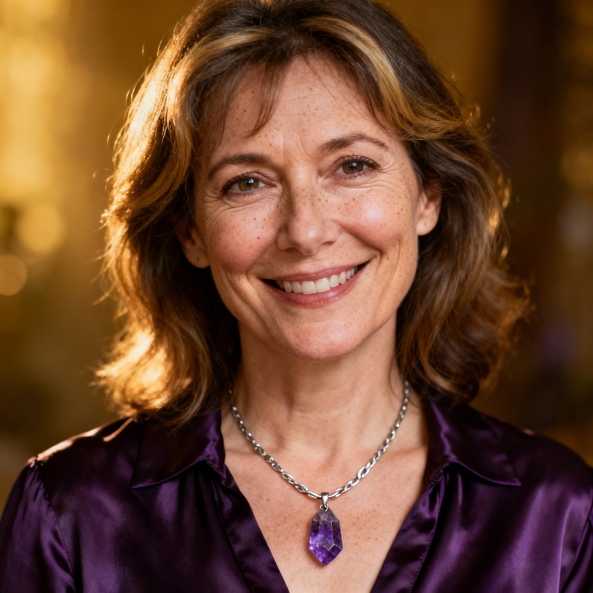 A close-up portrait of a wise and compassionate middle-aged female psychic, with a gentle smile and understanding eyes, creating a warm and trustworthy atmosphere.