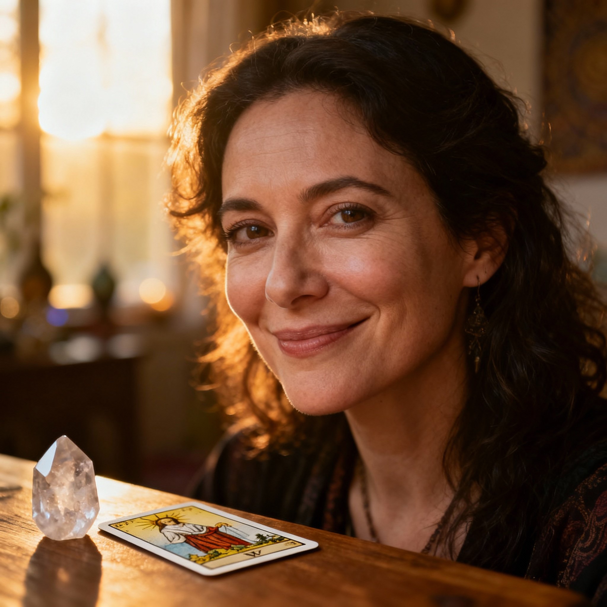 A medium shot portrait of a warm and friendly female psychic, Tia. She has a gentle, knowing smile and wise eyes, creating an atmosphere of authenticity and trust.