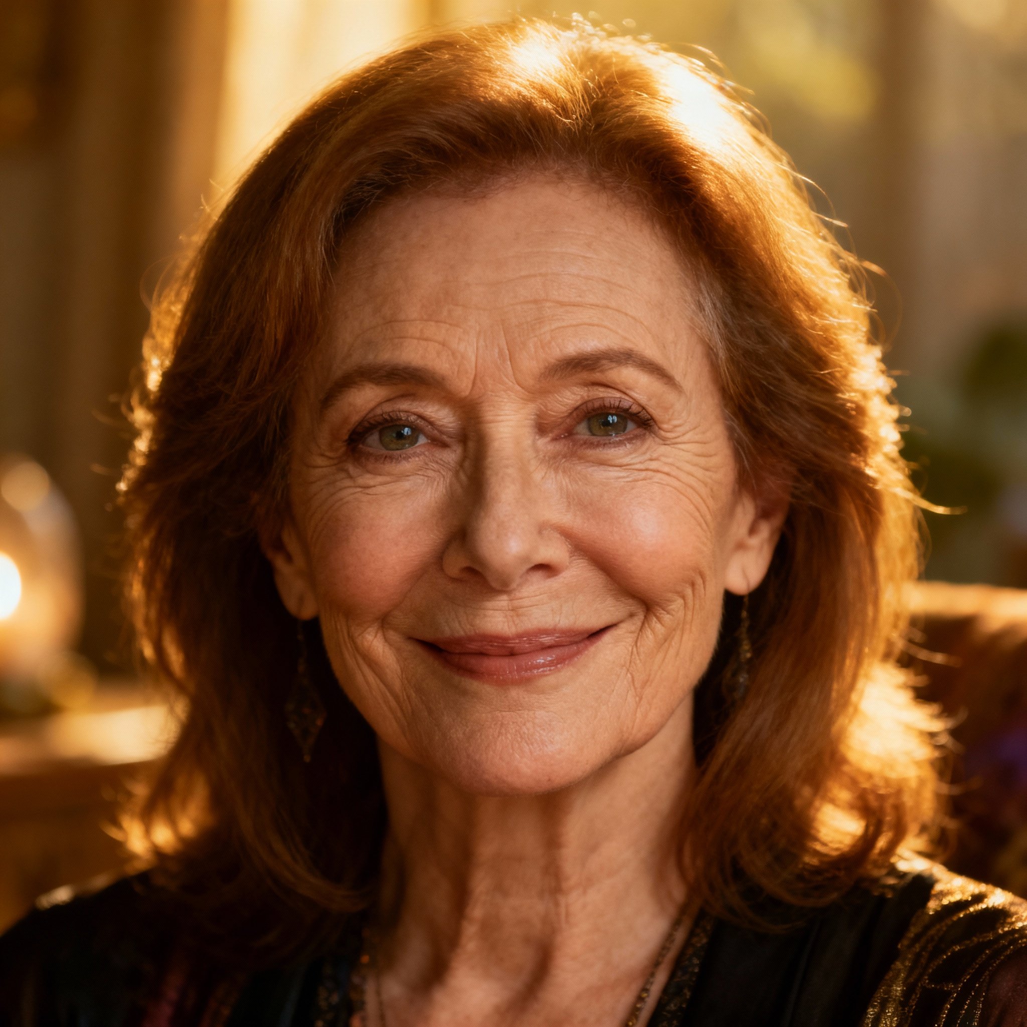 A compassionate and wise middle-aged female psychic advisor, whose warm eyes and gentle smile convey a sense of trust.