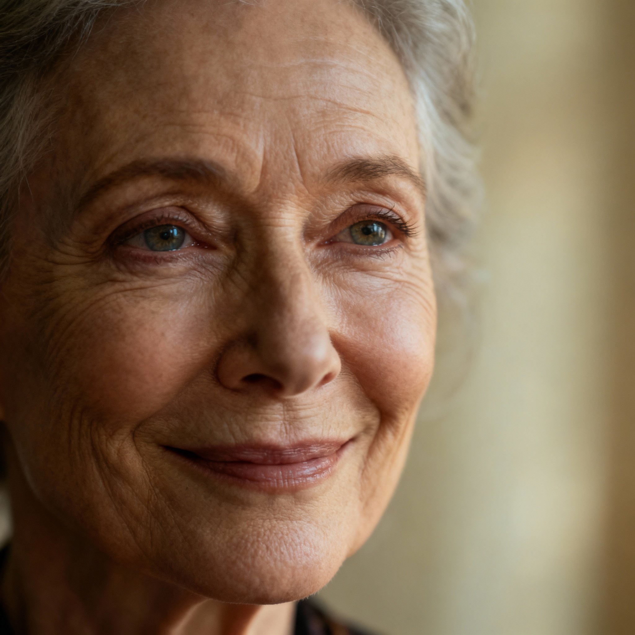 A close-up portrait of Althea Rose, a mature and warm female psychic. She has wise and compassionate eyes and a gentle smile, set against a soft background that creates a sense of trust and tranquility.