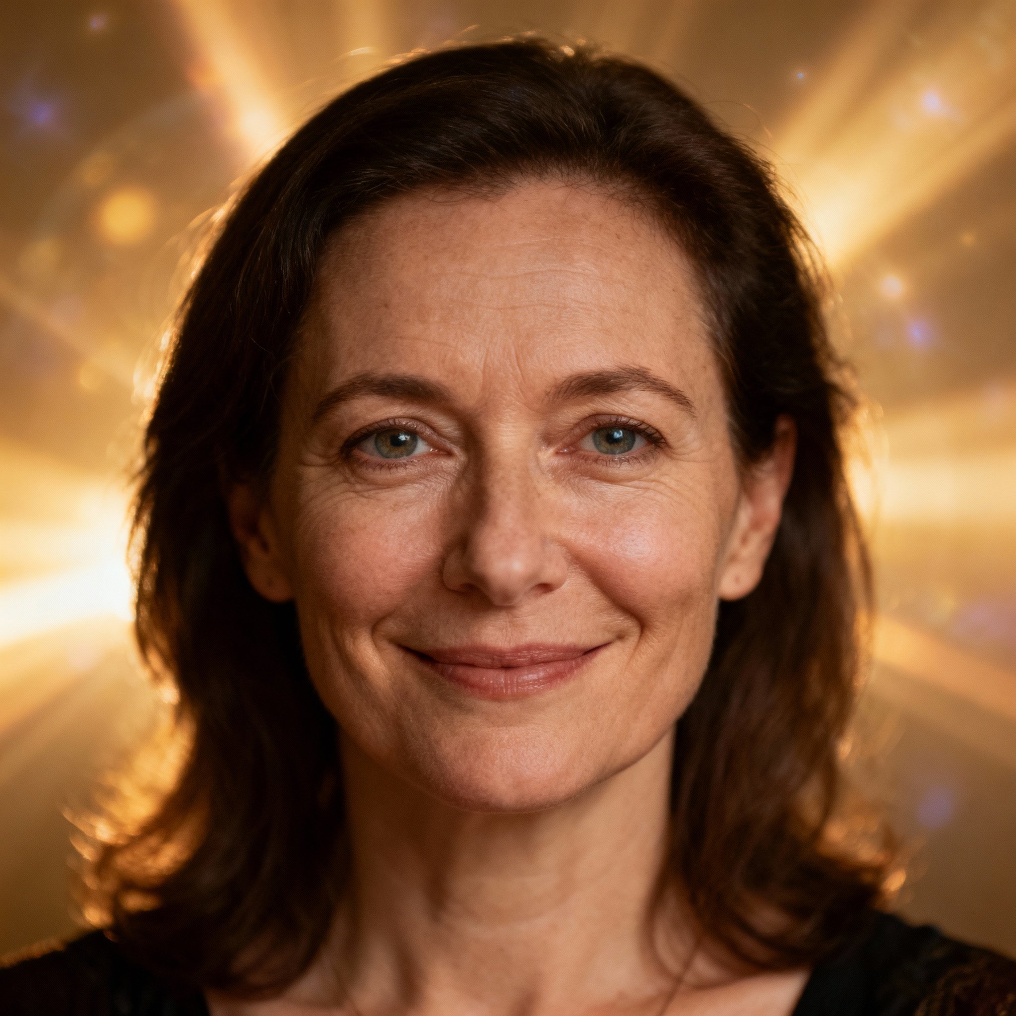 A close-up portrait of a female psychic advisor named Ilze. She has a gentle, knowing smile, and her eyes convey compassion and understanding. The background is a soft, warm, glowing bokeh, creating a trustworthy and spiritual atmosphere.
