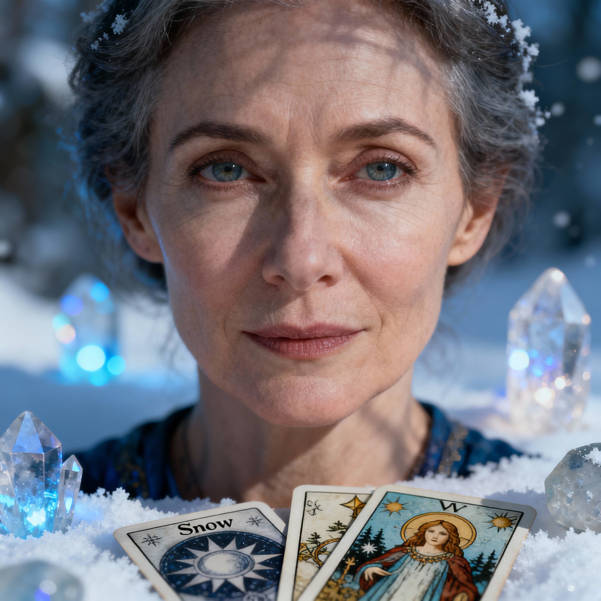 A close-up portrait of Psychic Snow, her eyes wise and compassionate, with a gentle, confident smile. Soft light illuminates her face, and subtle elements of crystals and tarot cards in the background hint at her profession, creating a serene and trustworthy atmosphere.