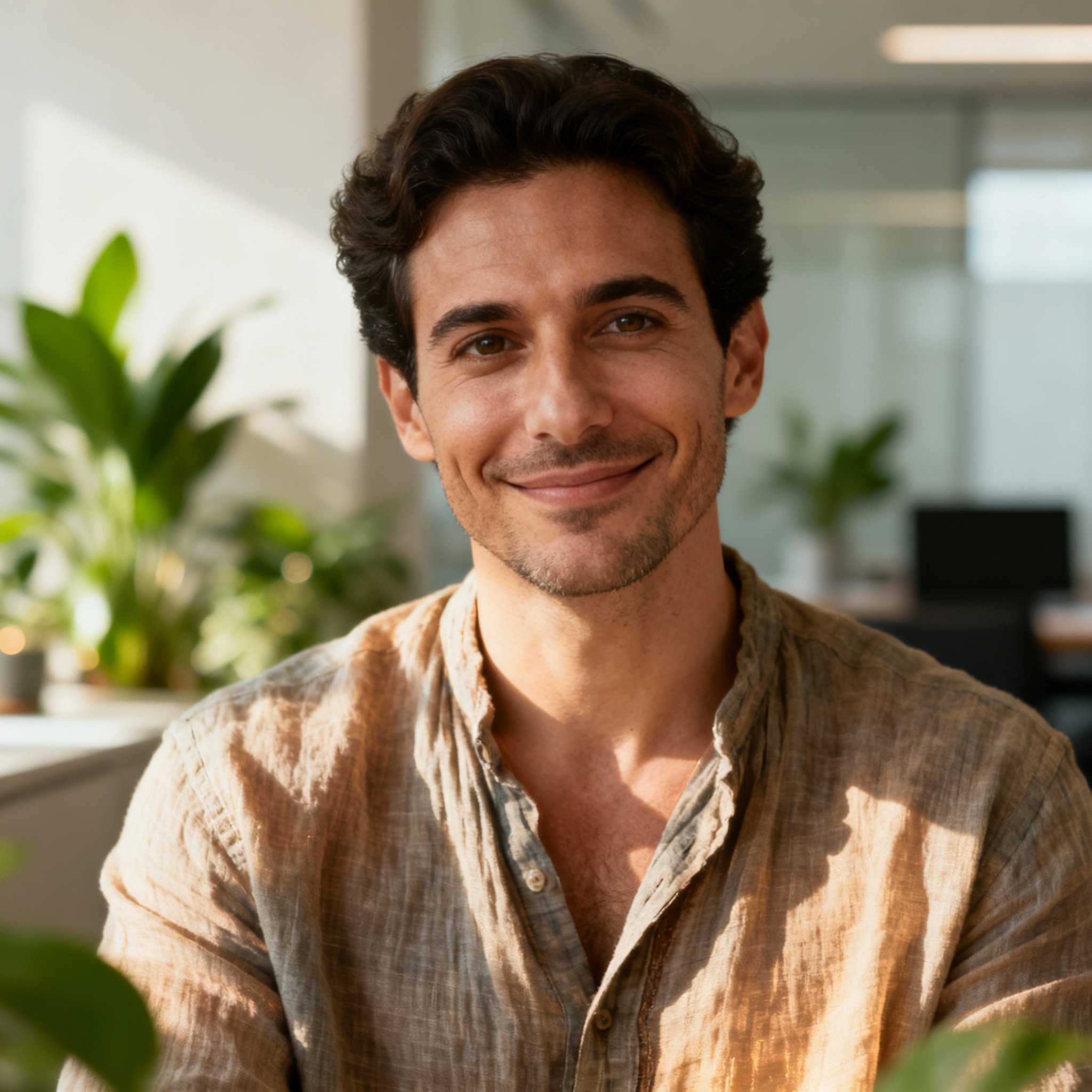 A professional headshot of psychic George Lizos, smiling with wise and compassionate eyes against a soft, warm background, creating an atmosphere of trust and warmth.