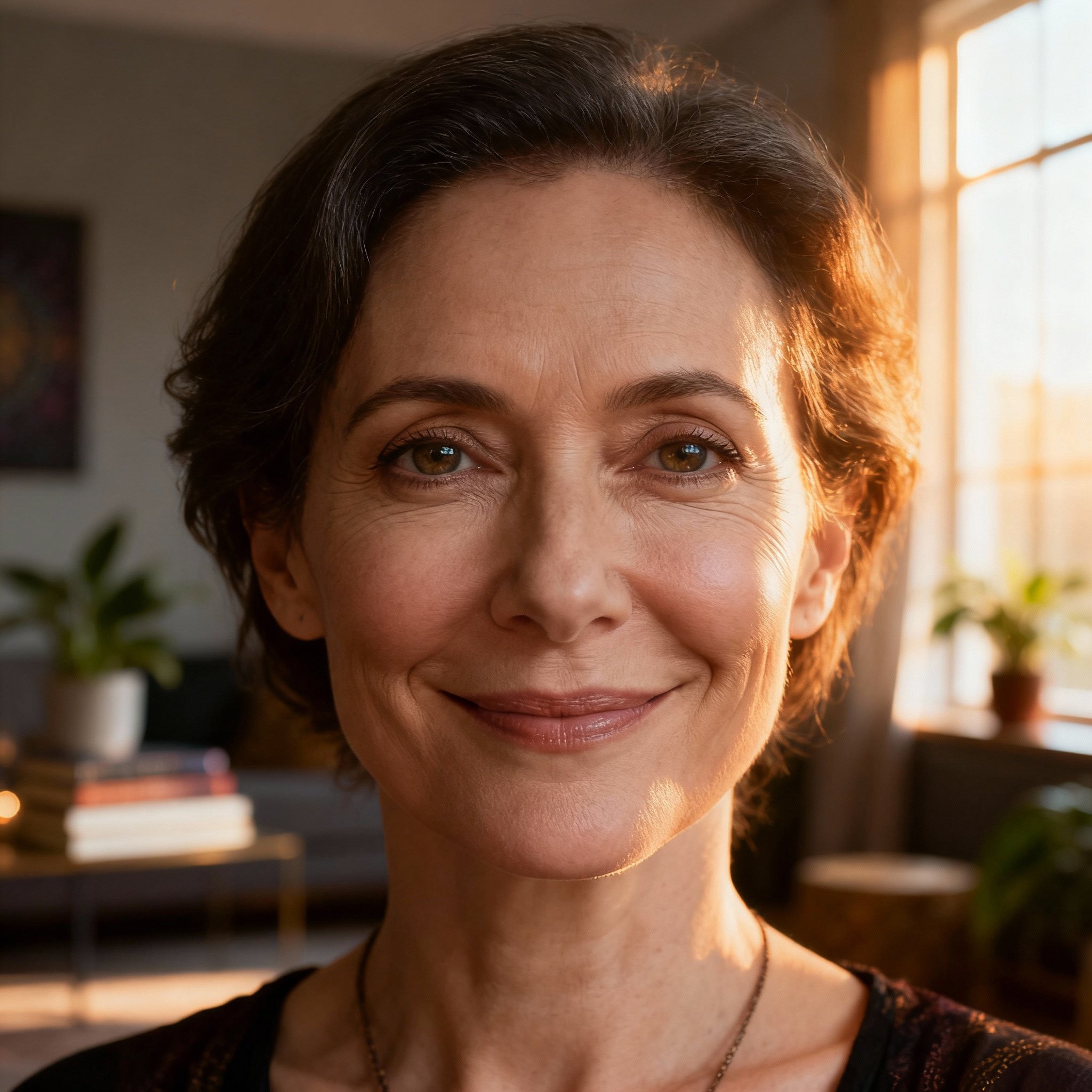 A close-up portrait of Psychic Melody, a woman in her 40s with a warm, wise smile and compassionate eyes, creating a feeling of approachability and trust.
