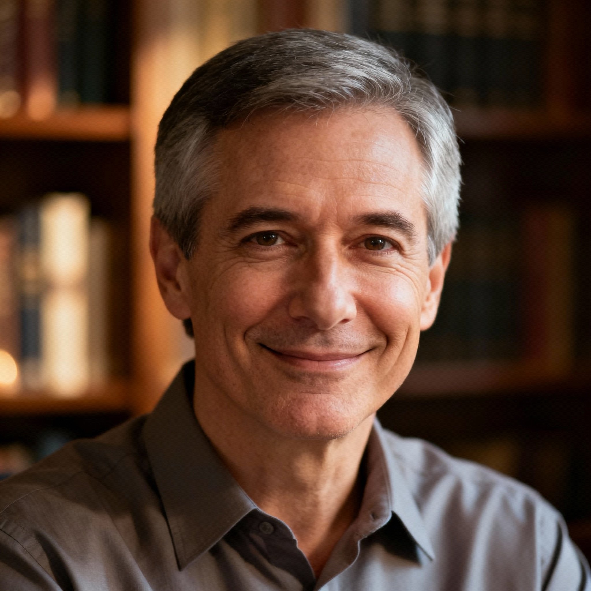 A close-up portrait of the psychic Colin, a middle-aged man with a look of wisdom and compassion in his eyes, set against a soft, warm study background, creating a professional and trustworthy atmosphere.