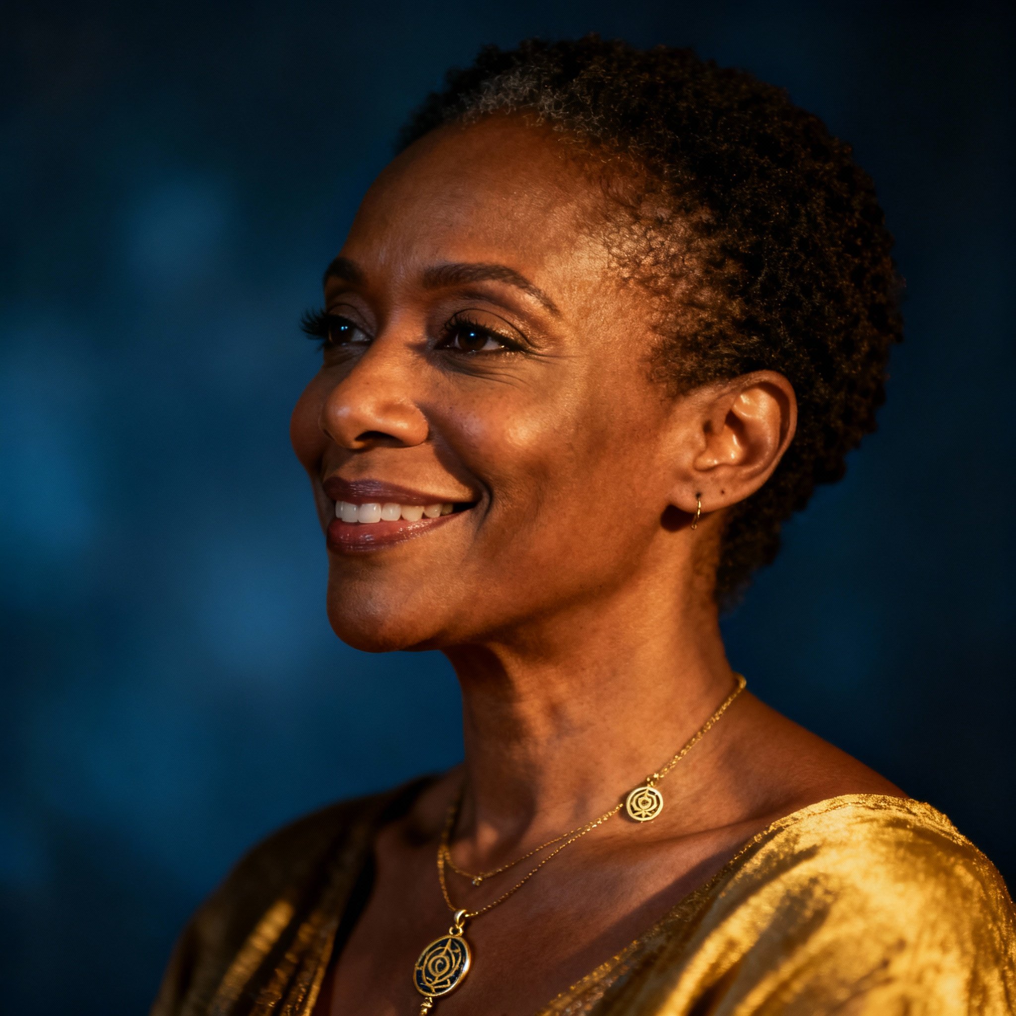 A close-up portrait of psychic Ashia Nicole, a wise African American woman with kind eyes and a warm, confident smile, set against a soft background that evokes trust and professionalism.