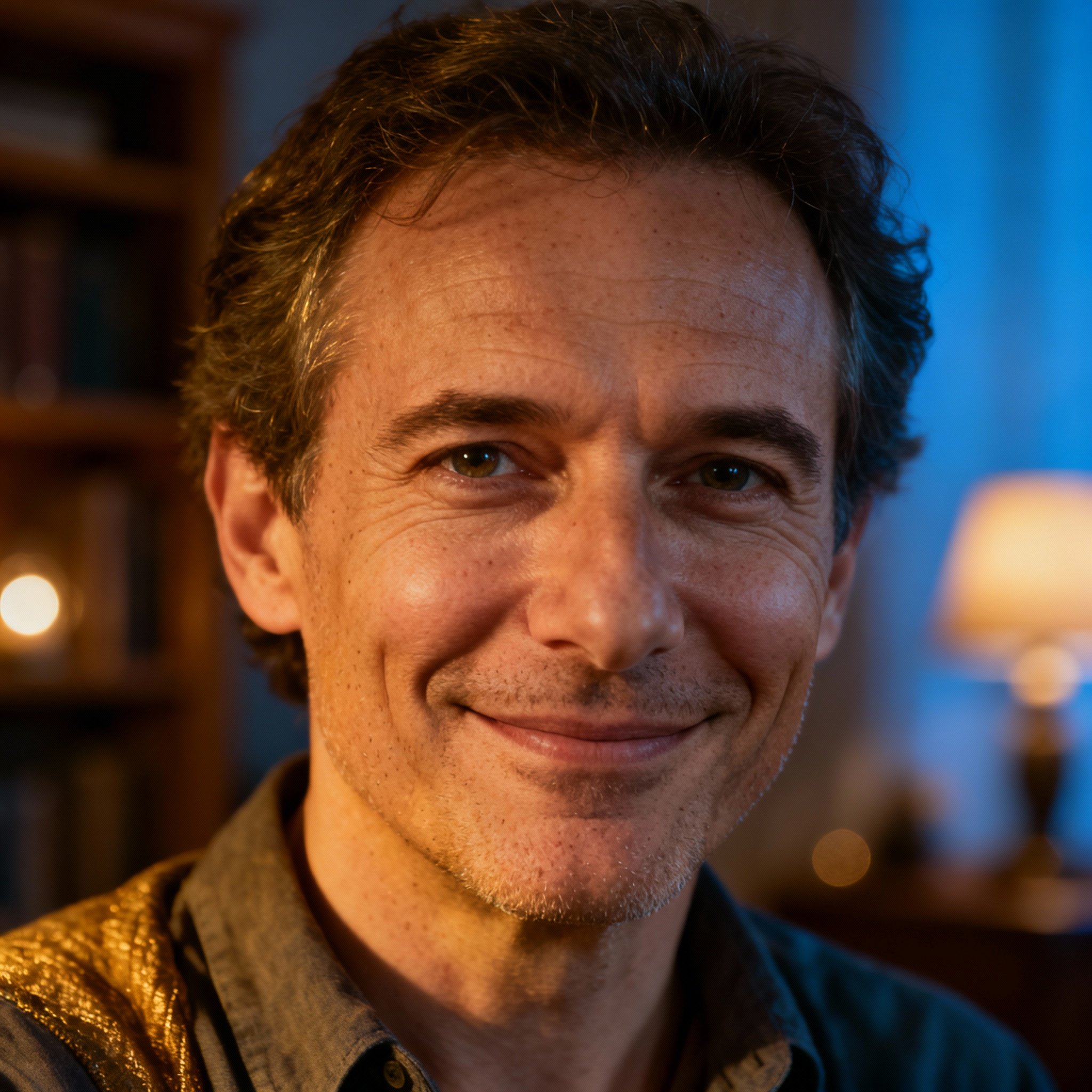 A close-up portrait of a middle-aged male psychic, Acorran. He has wise eyes and a warm, friendly smile, with a soft background creating a trustworthy and professional atmosphere.