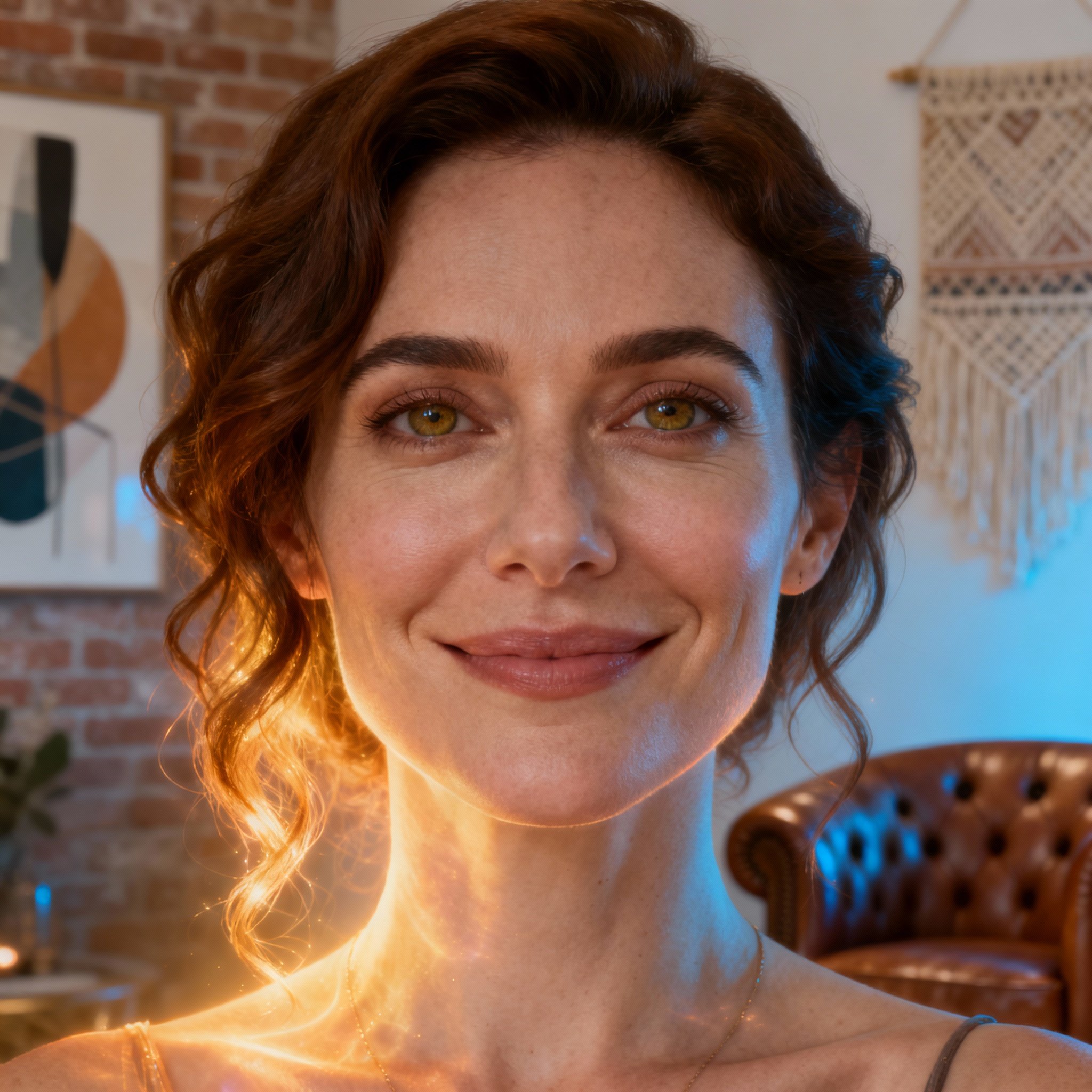 A close-up portrait of a wise and empathetic female psychic. Her eyes are warm, and the background has soft light halos, symbolizing energy healing and trust.