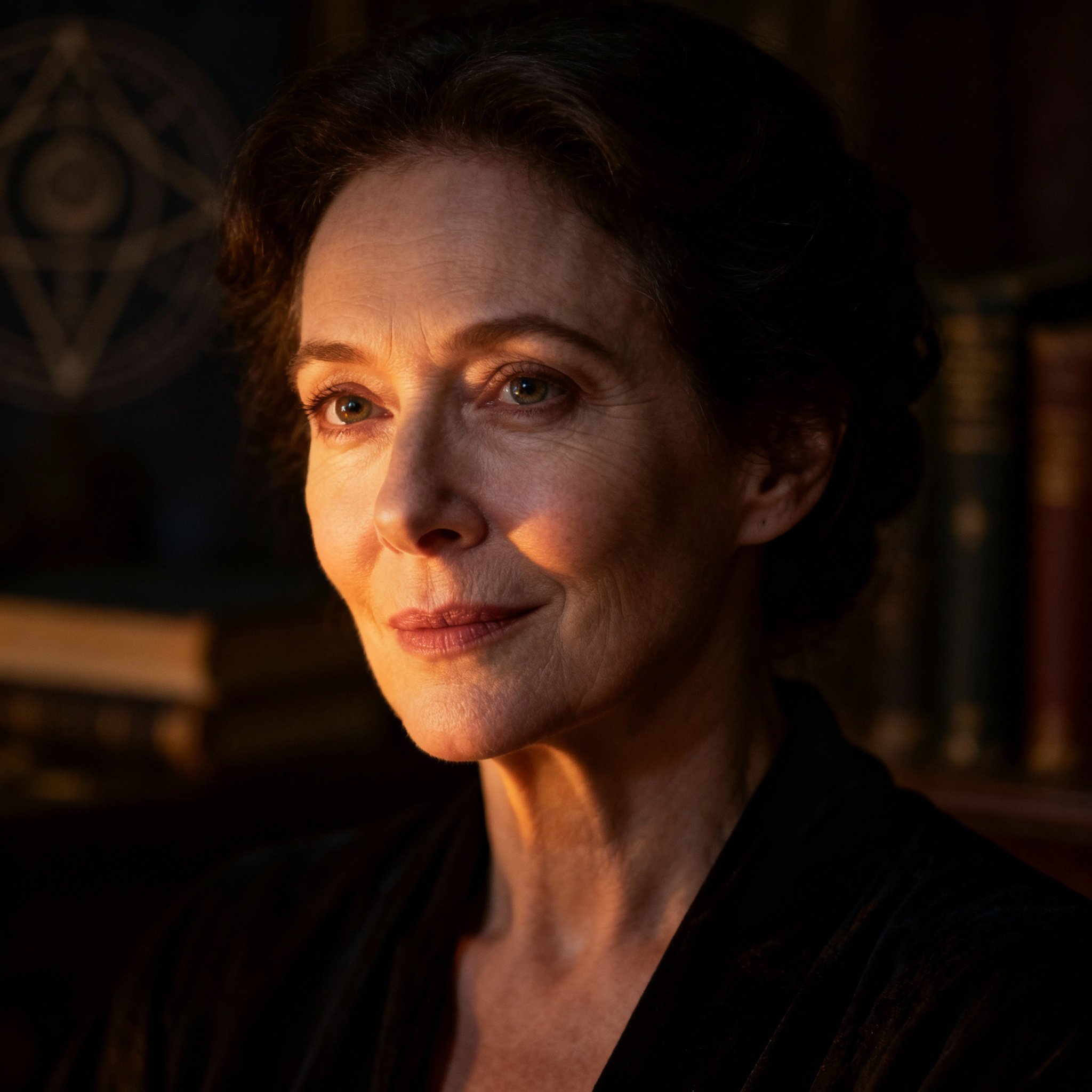 A close-up portrait of a wise and compassionate female psychic, Raven Tariel. She has deep, warm eyes and is set against a soft background, conveying a sense of trustworthiness.
