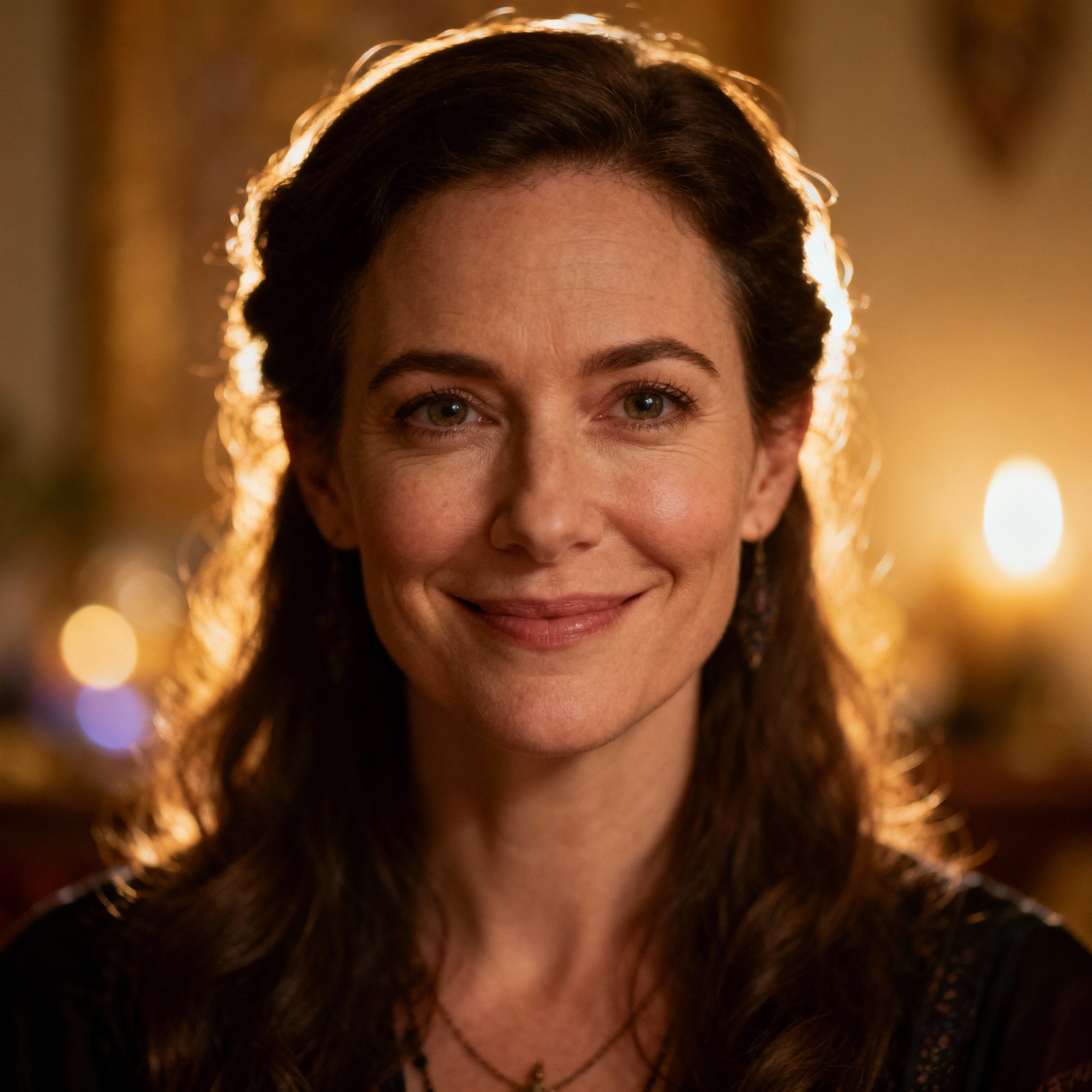 A close-up portrait of a female psychic in her late 30s, Hayley James. She has kind, wise eyes and a gentle smile, conveying empathy and trustworthiness. The background is filled with soft, warm light, creating a safe and serene atmosphere.