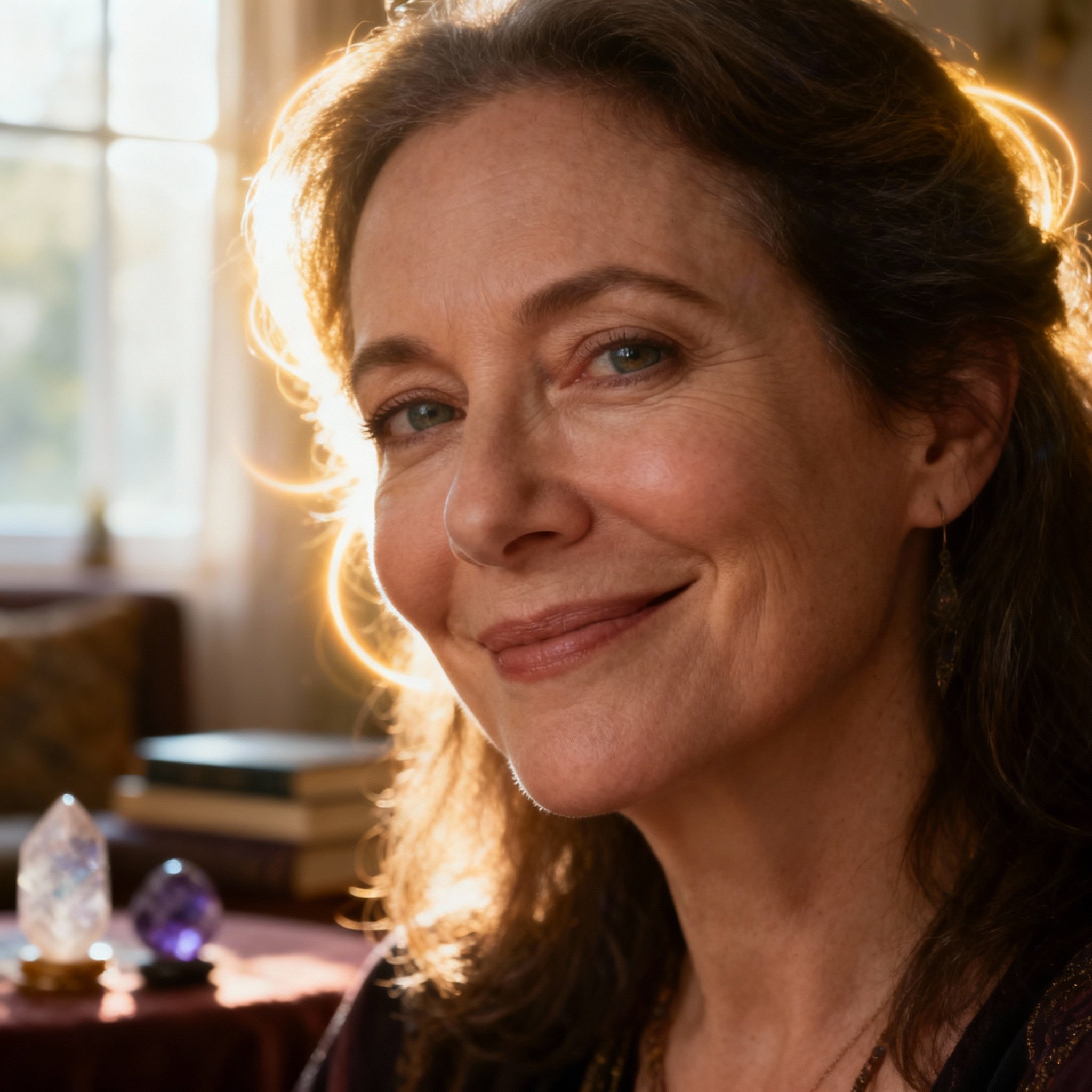 A close-up portrait of a female psychic named Daniella. She appears to be in her 40s with a warm, compassionate smile. Soft light illuminates her face, and her eyes look wise and calm, creating an atmosphere of trust and reassurance.