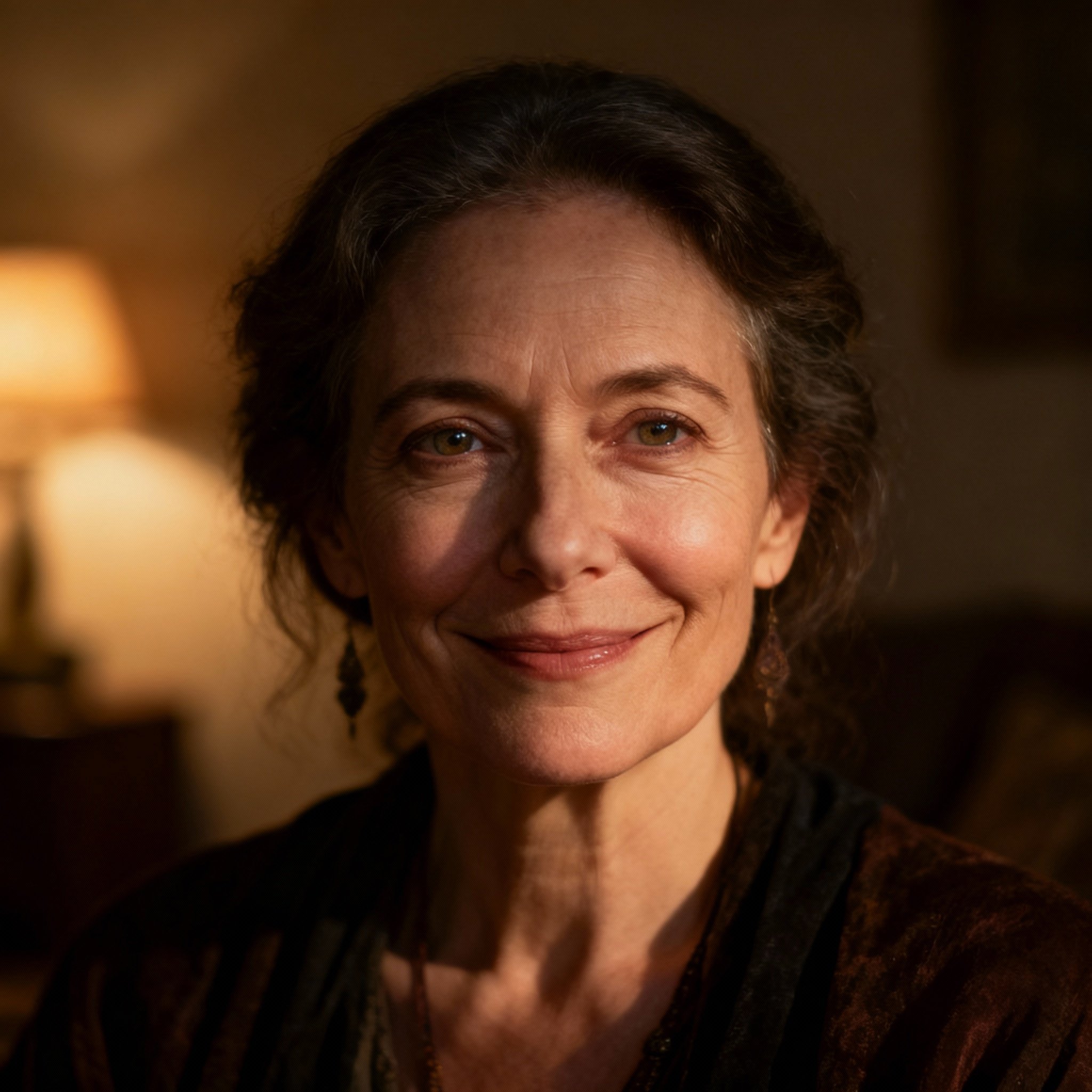 A close-up portrait of a psychic advisor named Ms. Janet, who has a warm and confident smile, with eyes full of wisdom and compassion against a soft-focus background.