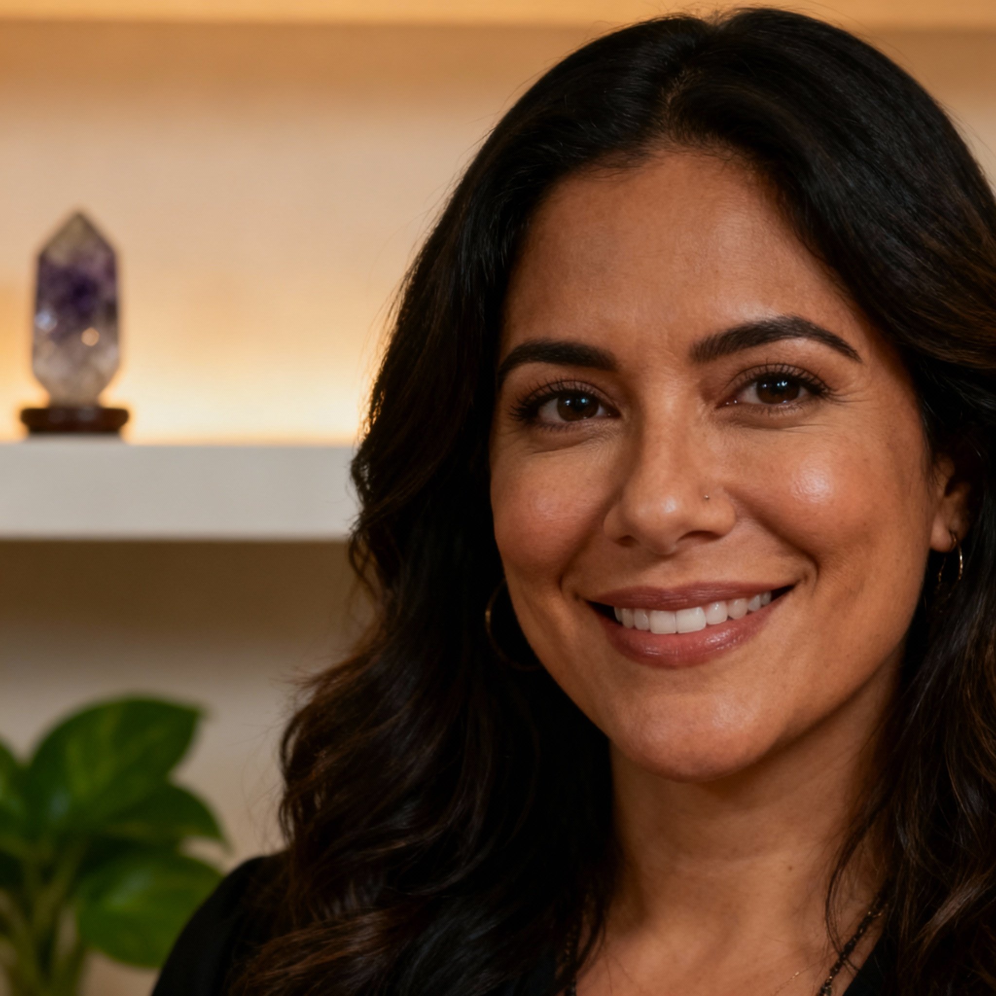 A close-up portrait of psychic KT Hernandez. She has a warm smile and her eyes convey wisdom and empathy. The background is soft, creating a trustworthy and professional atmosphere that reflects her direct yet empathetic image.