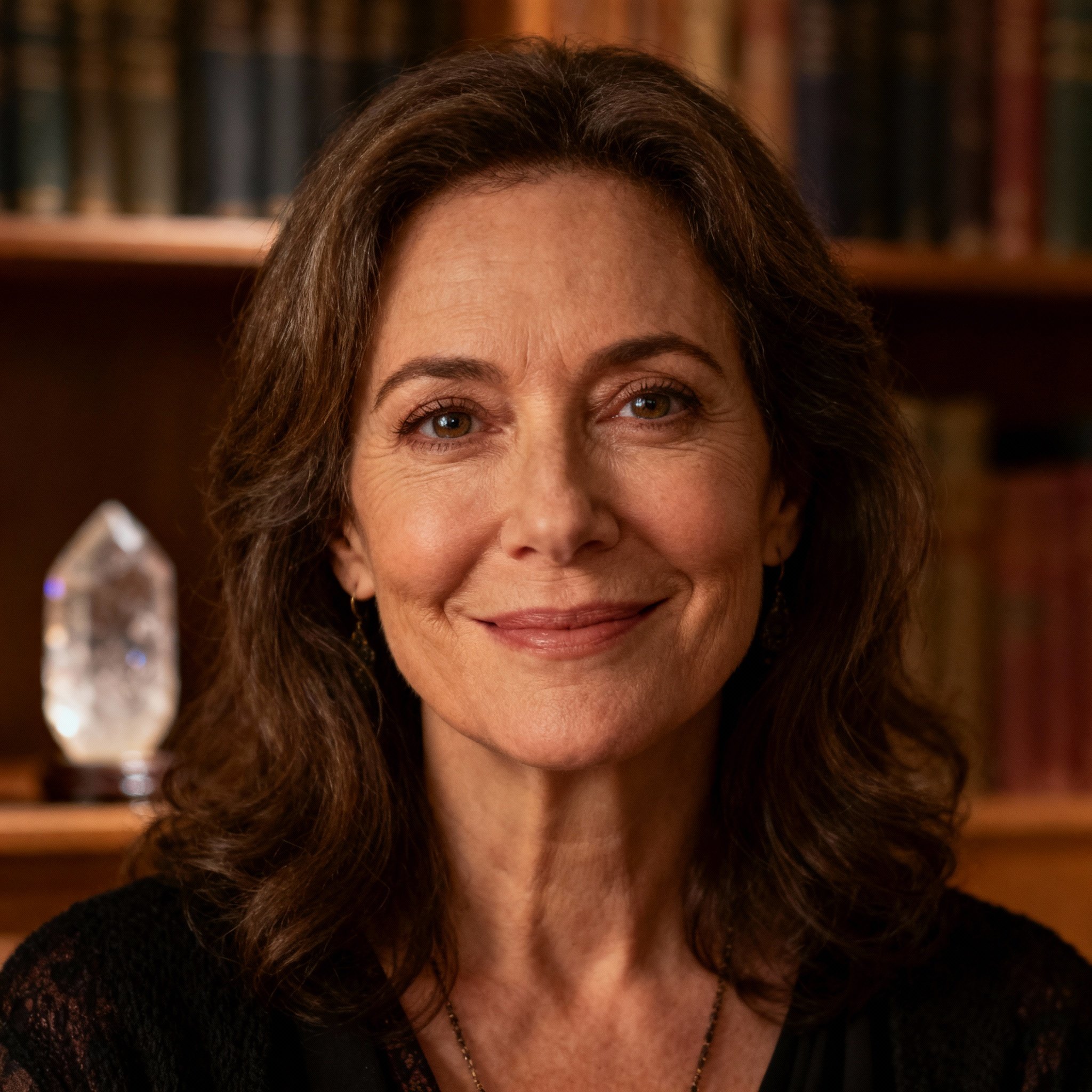 A warm, close-up portrait of Roxana, a compassionate and wise middle-aged female psychic advisor. She has a gentle smile and knowing eyes that convey deep understanding, set against a softly lit background, creating an atmosphere of trust and tranquility.