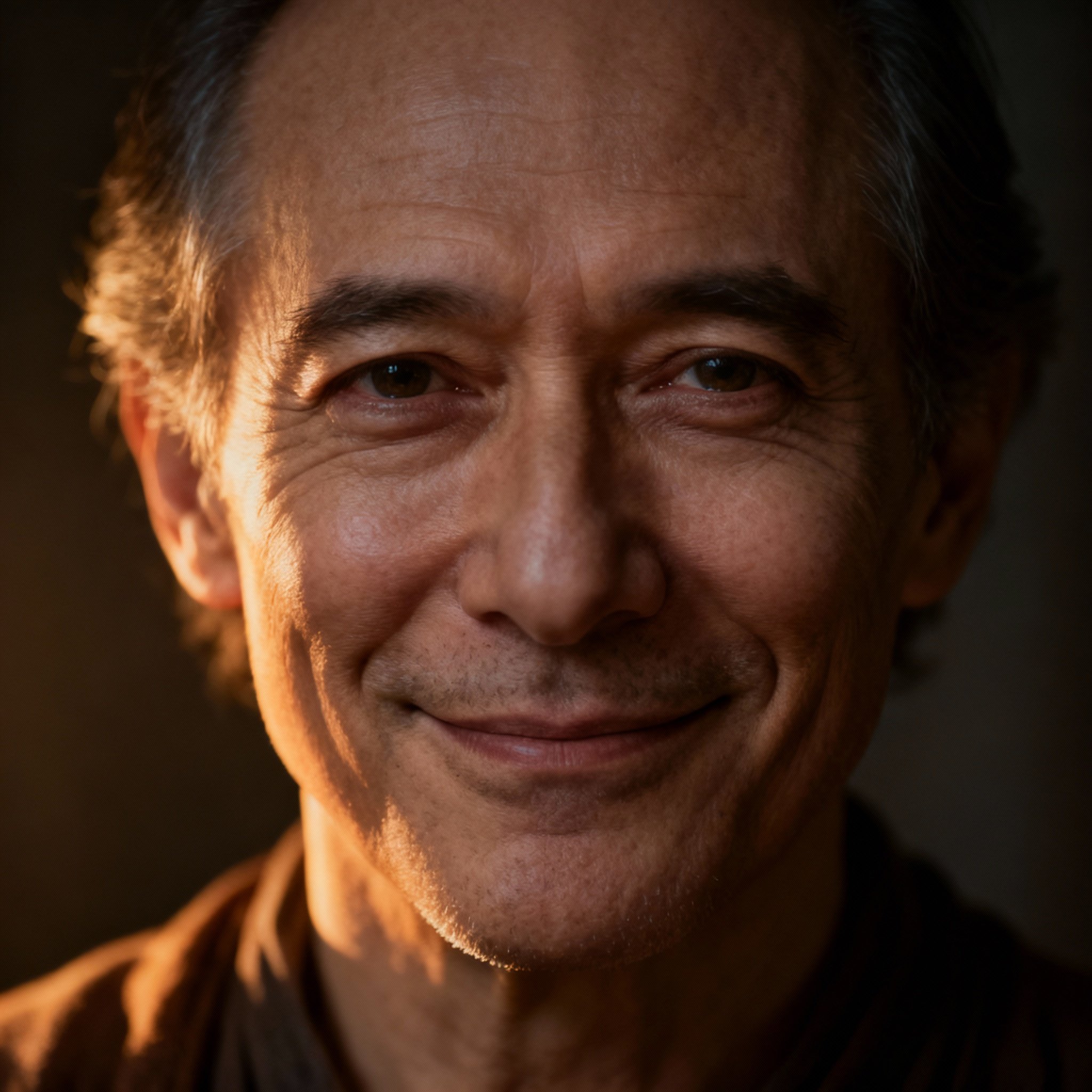 A close-up portrait of a middle-aged male psychic. He has a gentle, wise smile and empathetic eyes, conveying a sense of reliability and sincerity.