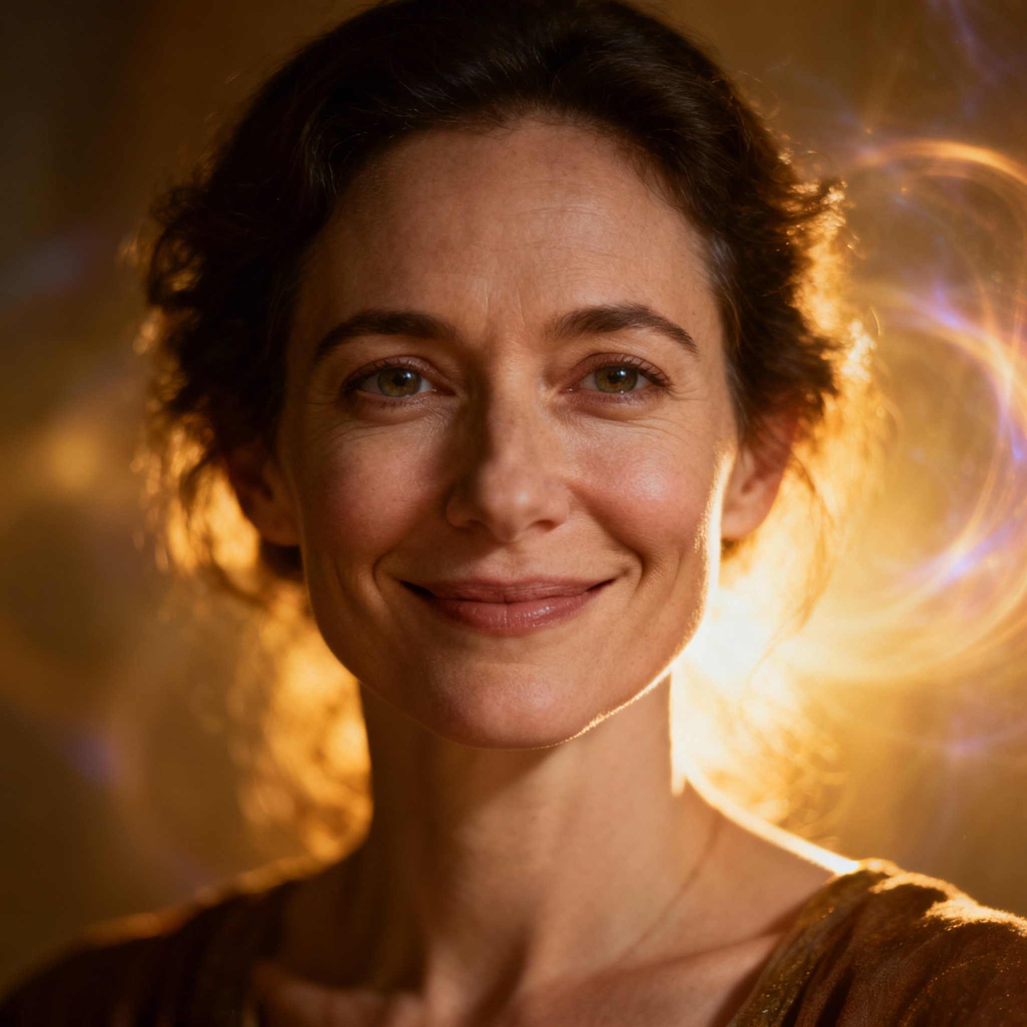 A close-up portrait of a compassionate and wise female psychic, Sofie Heart. She has a warm, confident smile and deep, knowing eyes, with a soft, glowing background that creates a sense of trust and mystique.