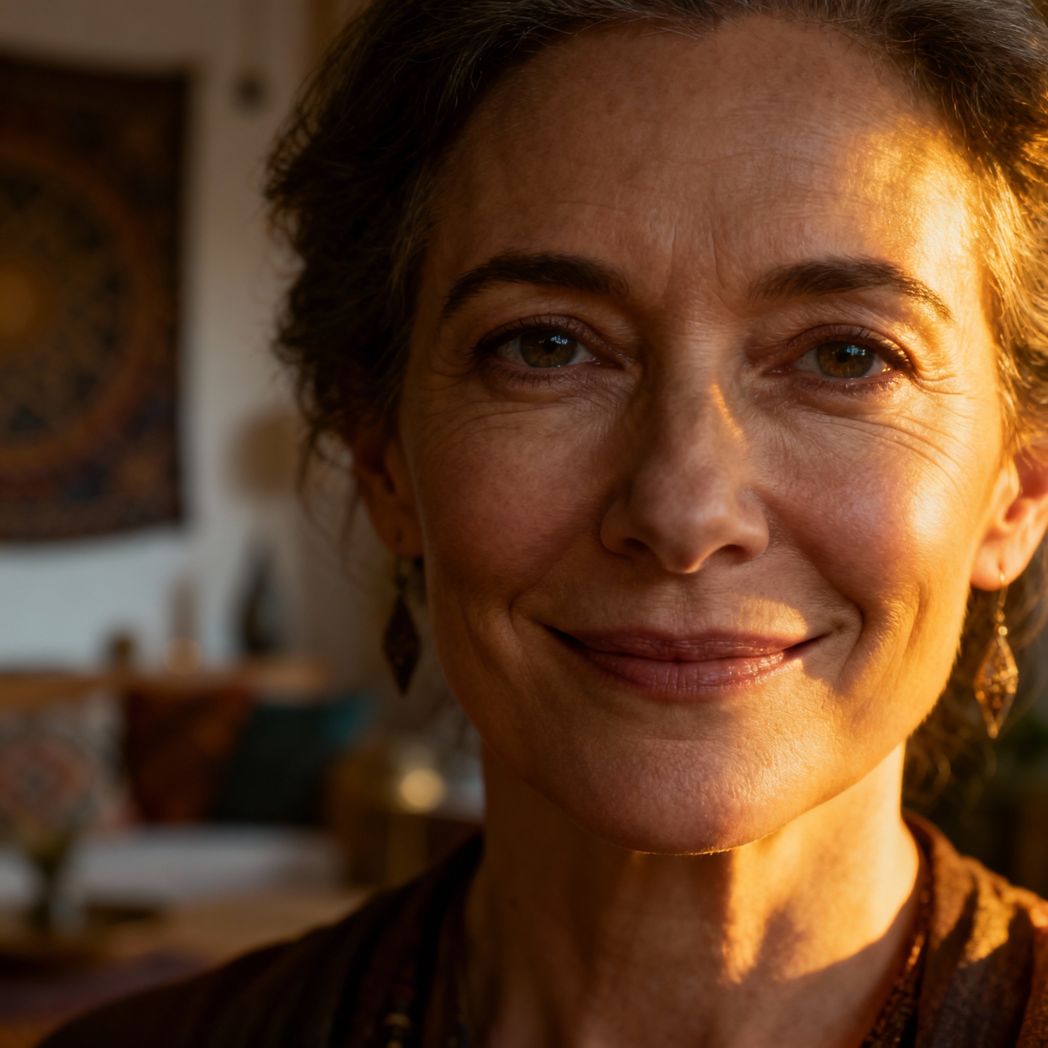 A close-up portrait of the psychic J the Oracle, a wise and compassionate middle-aged woman with a steady, warm gaze, set against a softly lit background that evokes professionalism and trust.