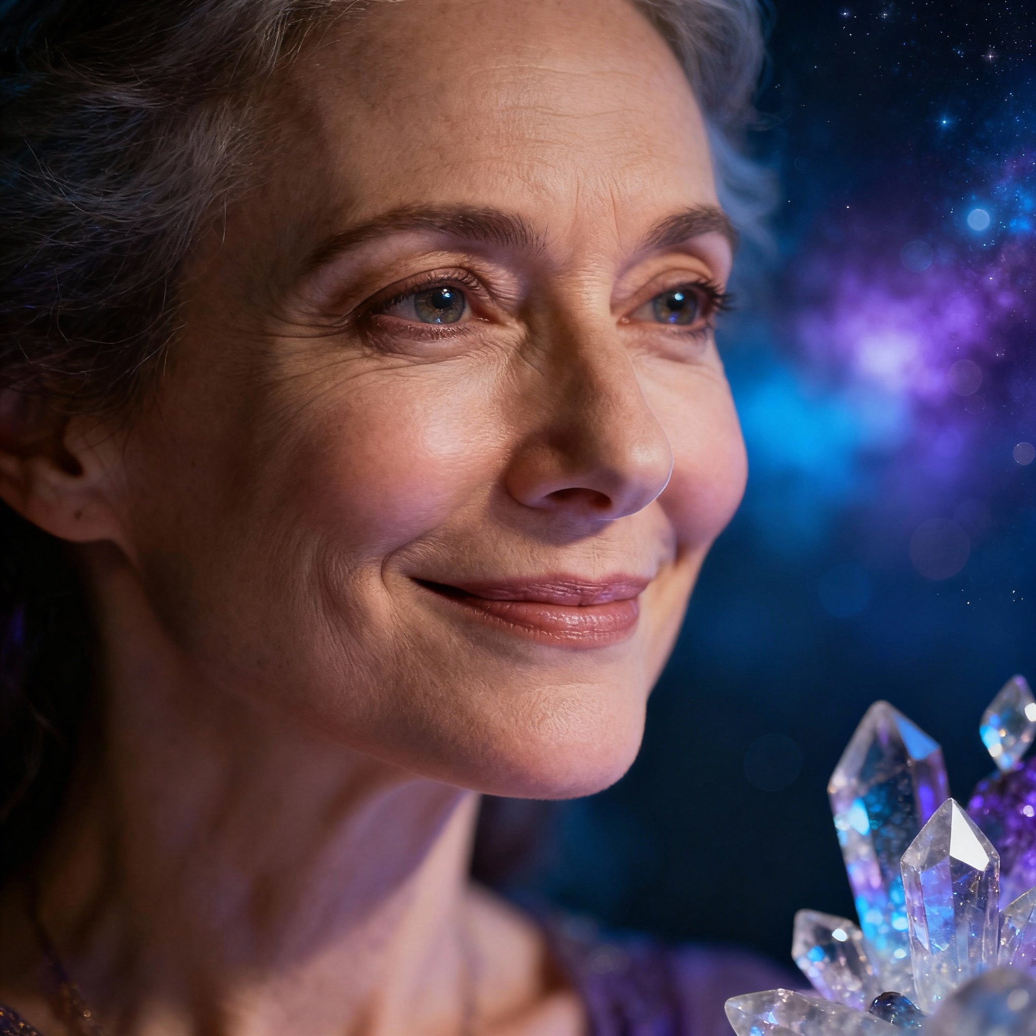 A close-up portrait of a female psychic named Aquaria, with warm, wise eyes, set against a soft background with gentle light and crystals, conveying serenity and trust.
