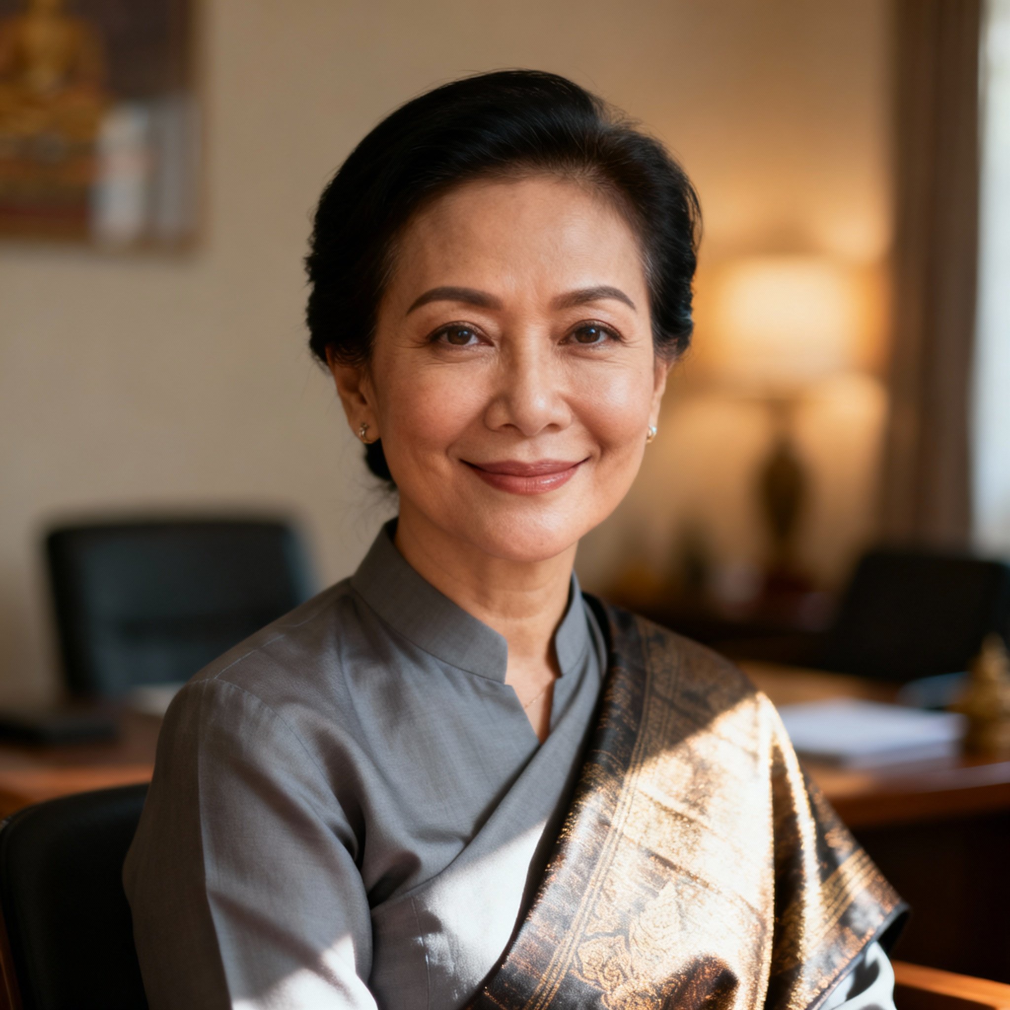 A close-up portrait of a middle-aged Thai psychic named Ajarn Lily. She has a warm, wise smile and compassionate eyes, creating a sense of trust. The background is her serene consultation room with soft lighting.