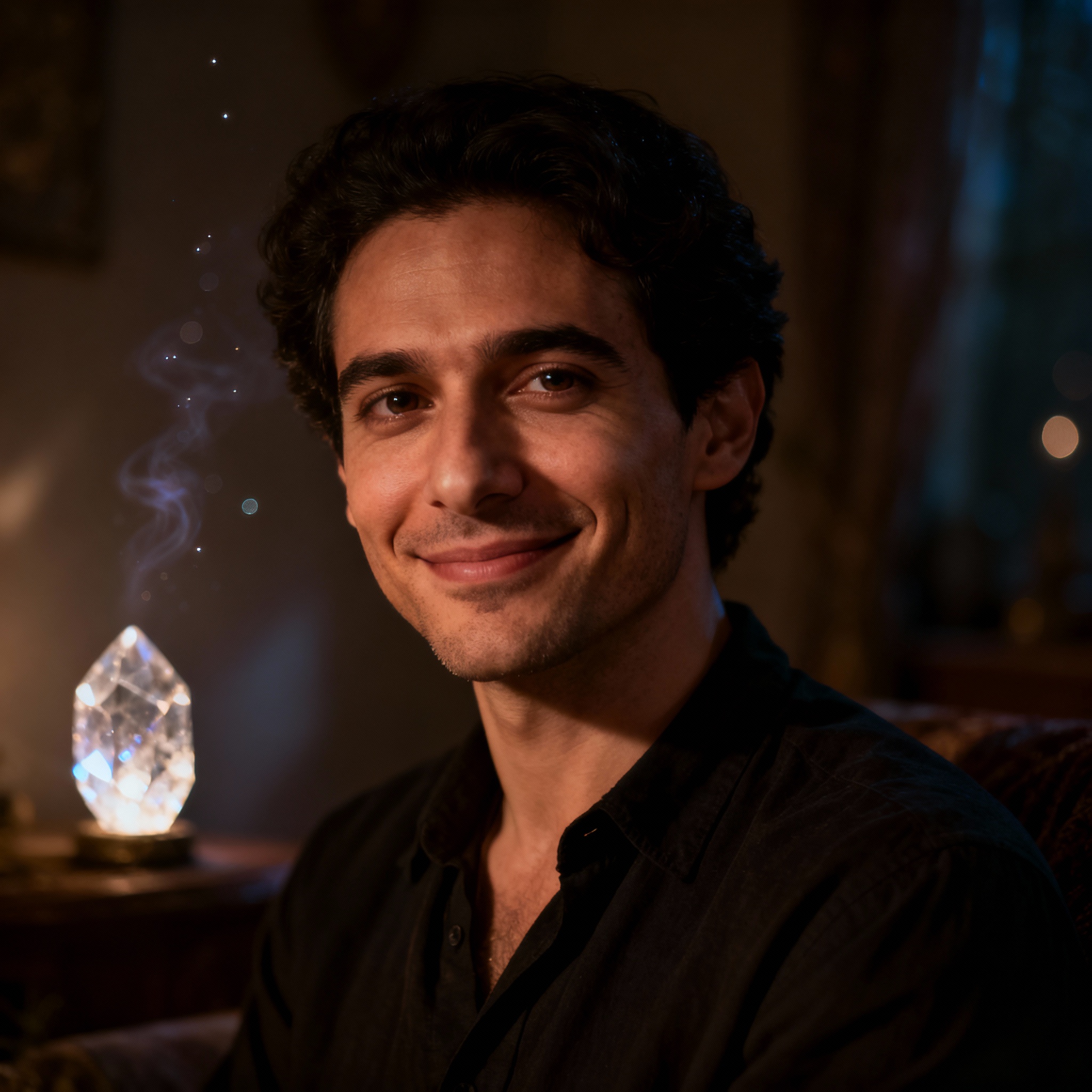 A close-up portrait of a male psychic named Emmanuel, featuring a gentle and wise smile, compassionate eyes, and a soft background that evokes a sense of trust and mystery.