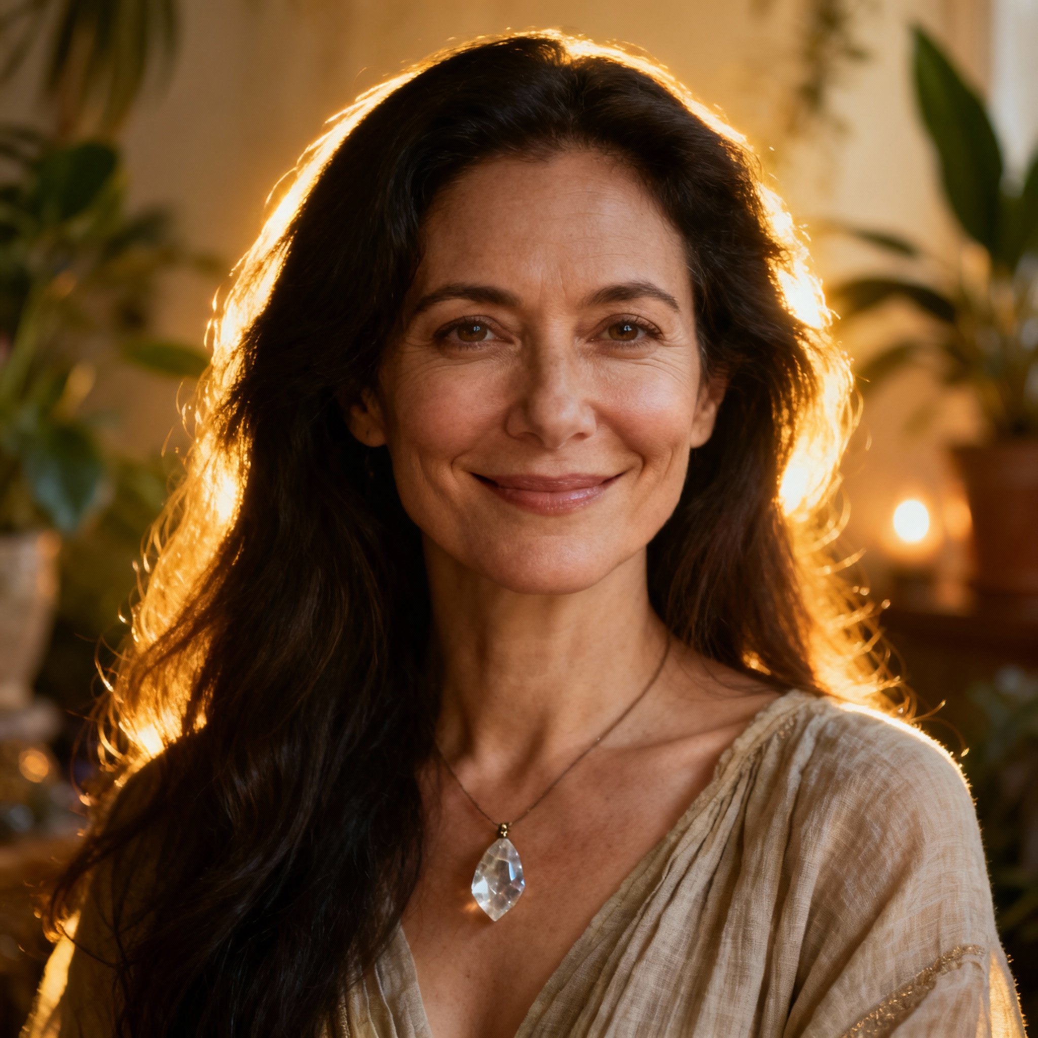 A close-up portrait of psychic Shaka Lish, with a warm and confident smile, her eyes full of wisdom. The background features soft light and natural elements, creating an atmosphere of trust and serenity.