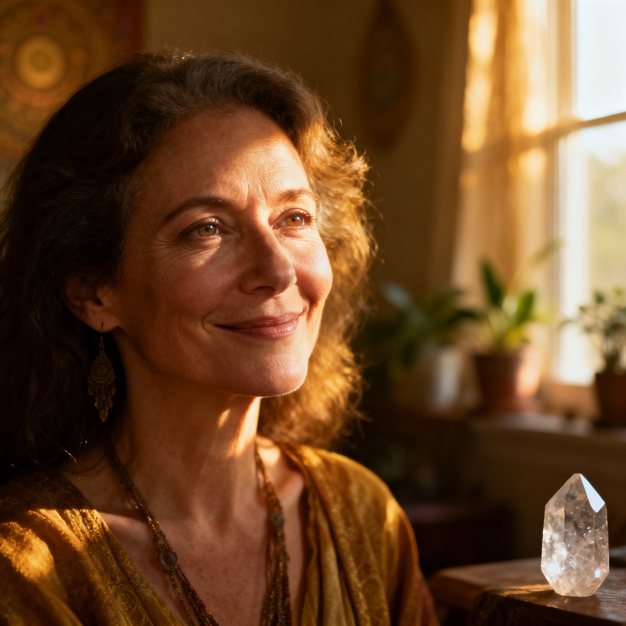 A close-up portrait of a wise and empathetic psychic advisor, the Abundance Priestess, with a warm smile and serene, understanding eyes, set in a soft, cozy consultation room.